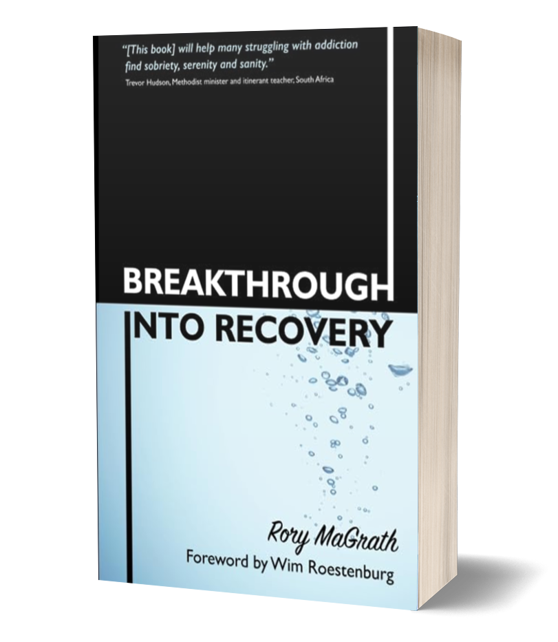 Cover of a book titled 'Breakthrough Into Recovery' by Rory McGrath, featuring a design with a black upper half, a light blue lower half with water bubbles, and a foreword by Wim Roestenburg.