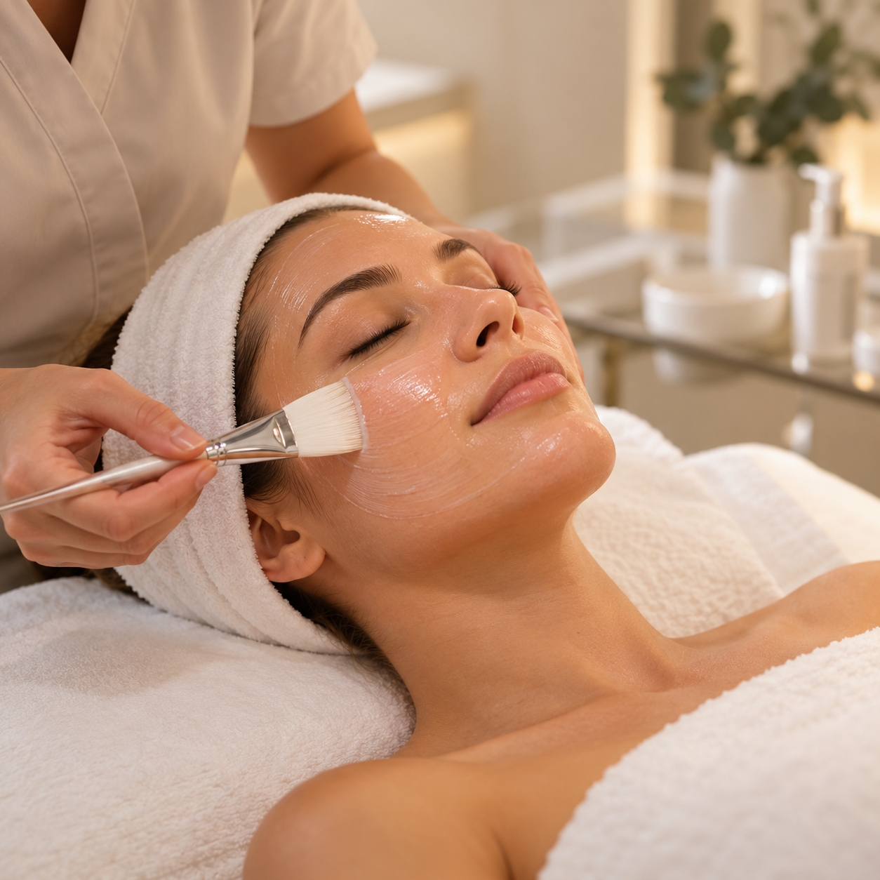 Esthetician applying a facial mask with a brush to a woman's cheek at a spa