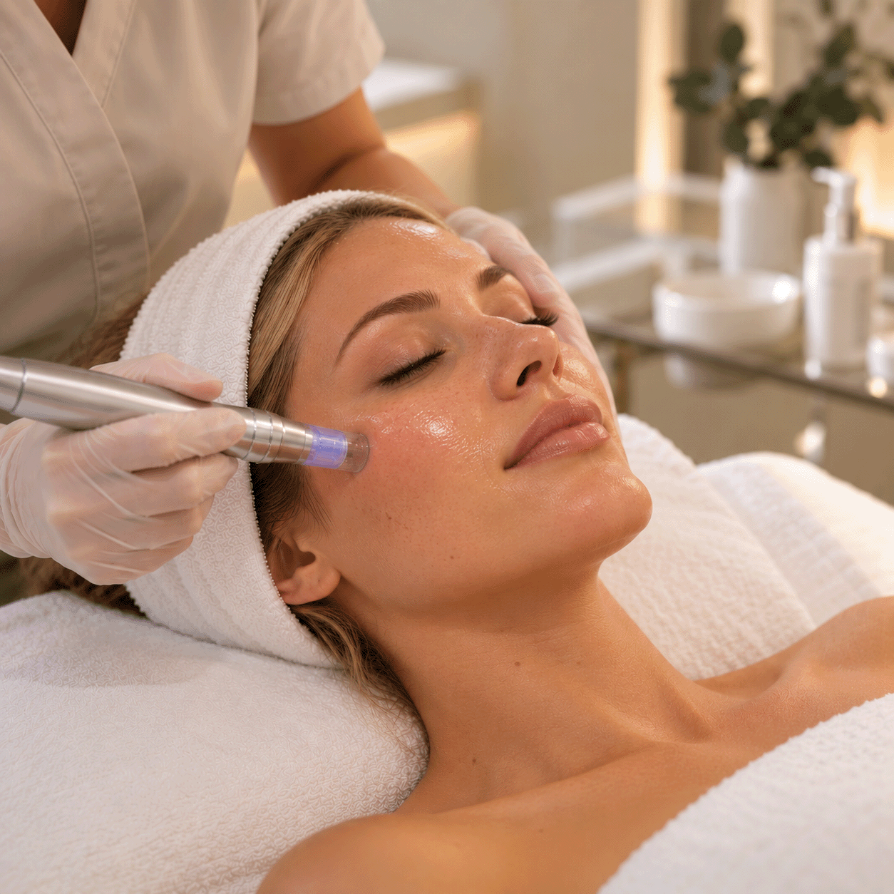 Woman receiving a professional facial treatment with a handheld skincare device at a spa.