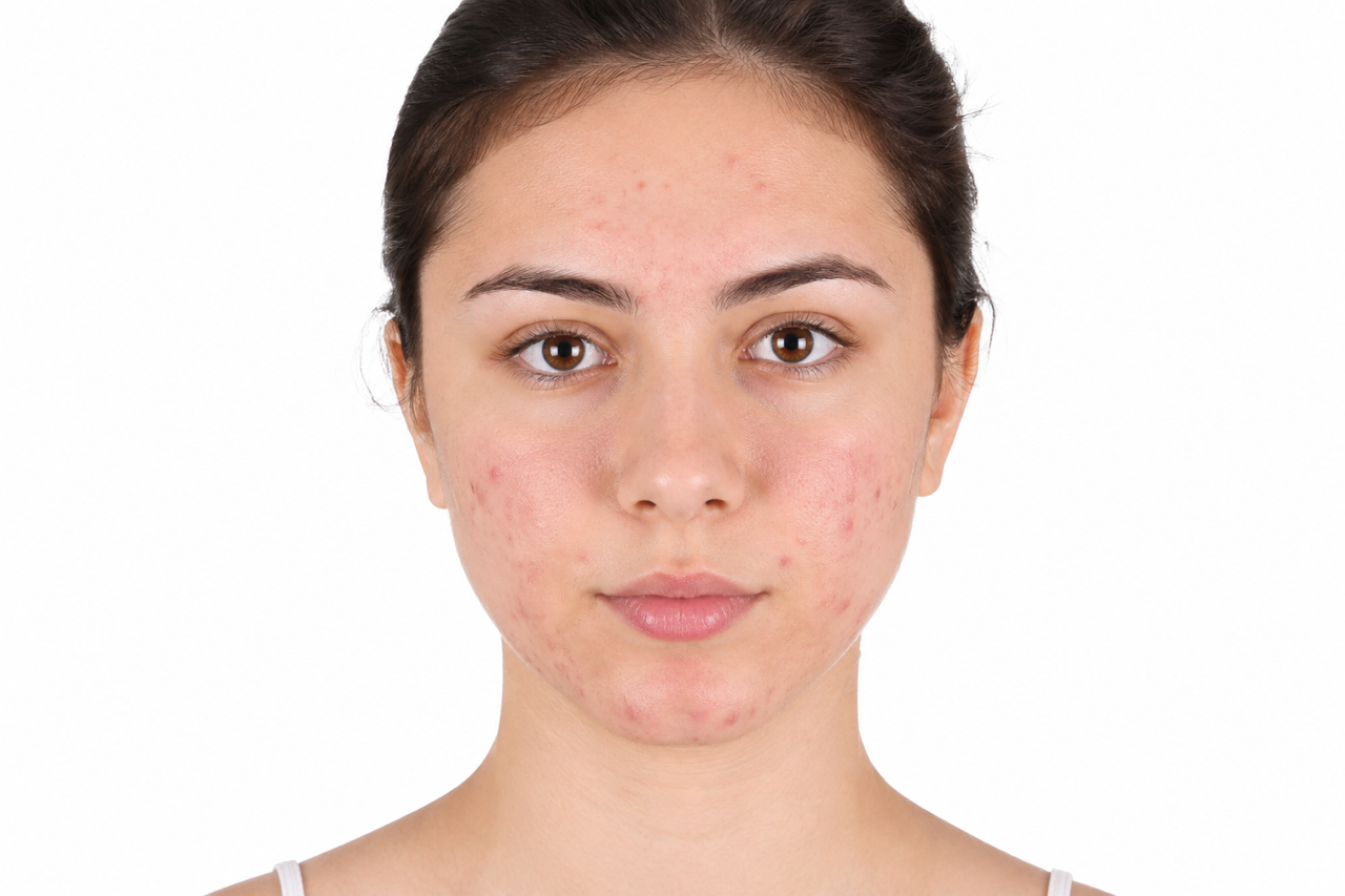Close-up of a young woman with acne and pimples on her face against a white background.