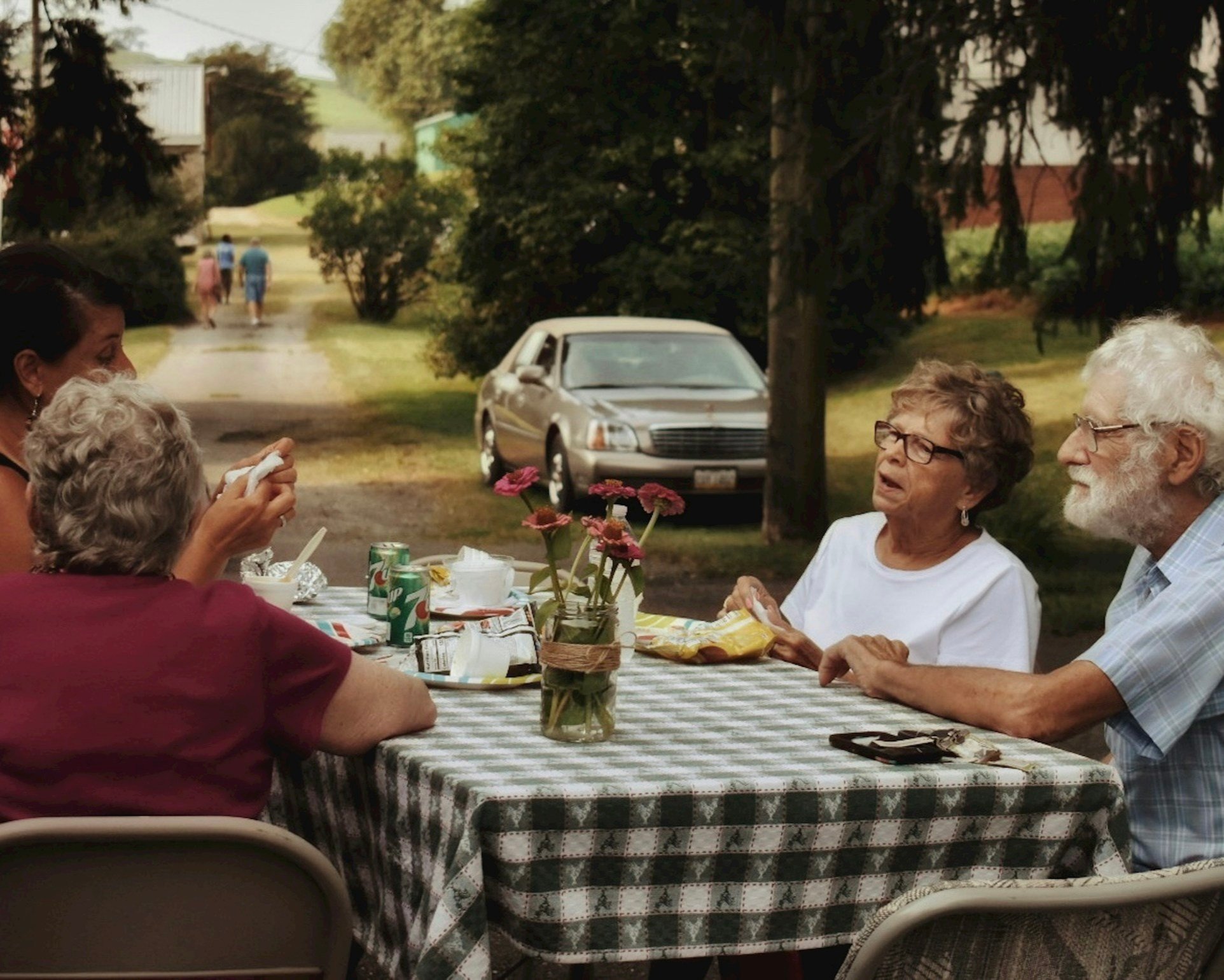 Four older adults sitting at a picnic table outdoors, having a food gathering with soda cans and snacks, with a car and a rural landscape in the background.