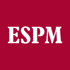Logotipo da ESPM com fundo vermelho e letras brancas.
