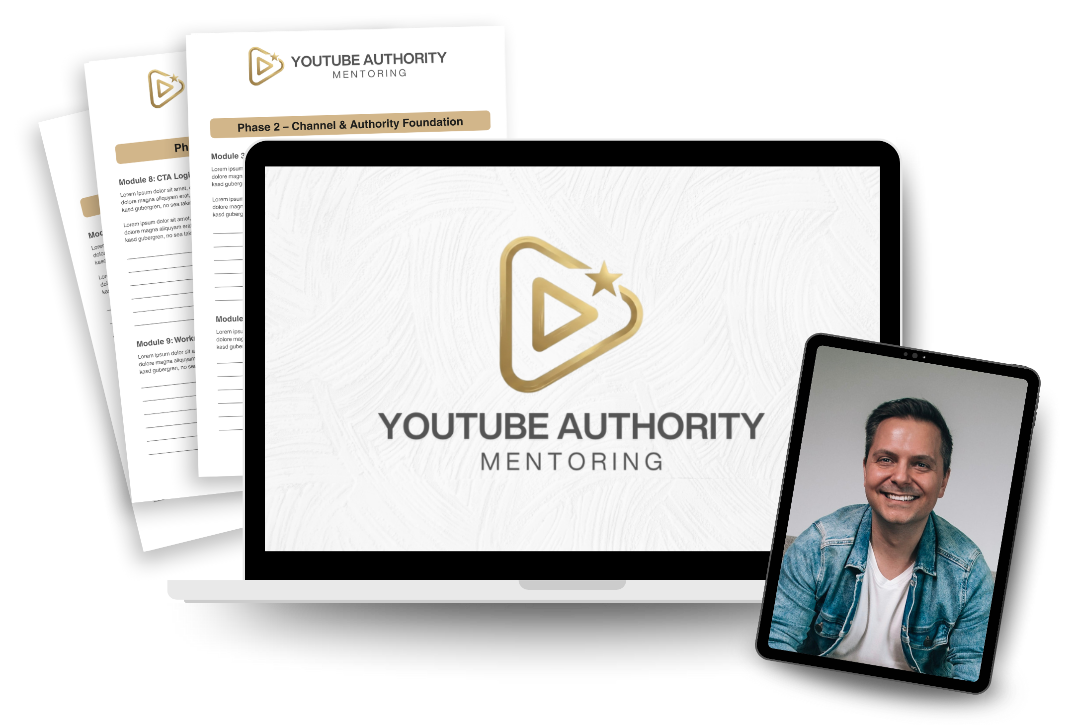 Digital illustration of a laptop and a tablet, displaying a 'YouTube Authority Mentoring' logo on the laptop and a smiling man in a denim jacket on the tablet, with behind screens of printed modules or worksheets.