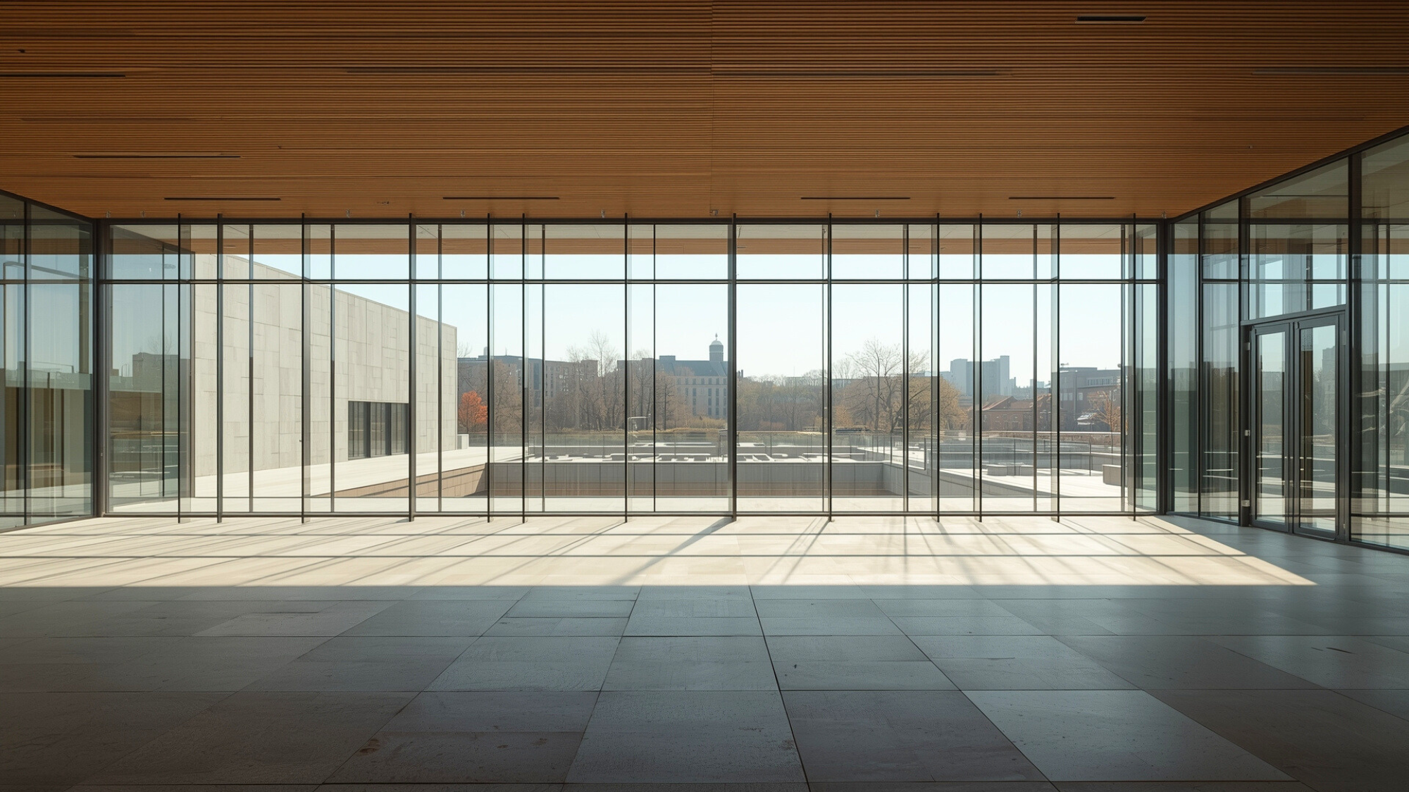 A wide-angle photo of a transparent civic space.