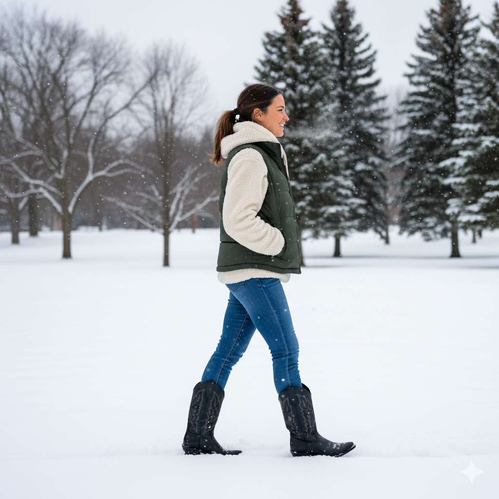a woman walking in a quiet, lightly snow-covered park
