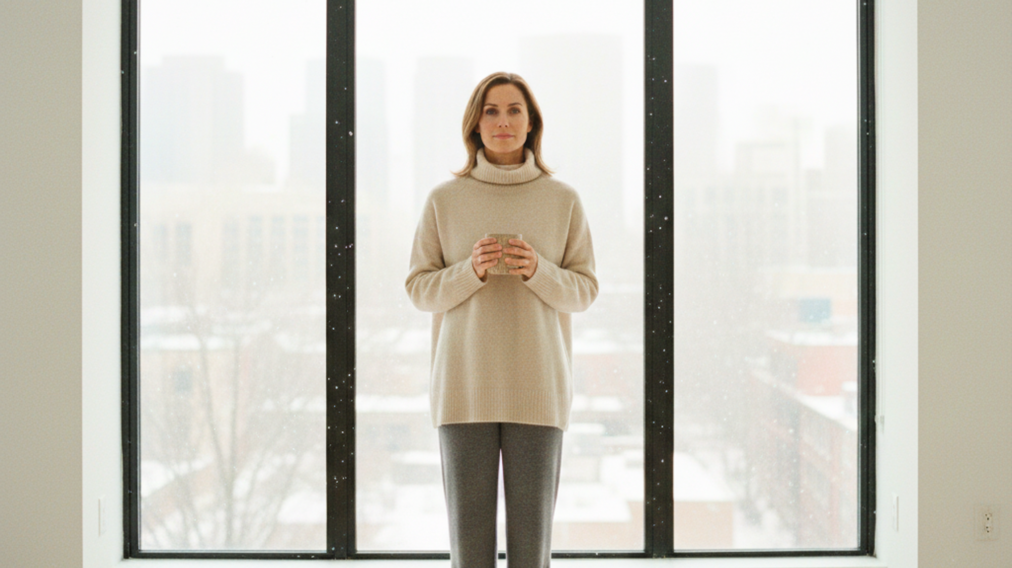 A woman standing perfectly still in a minimalist, light-filled living room, framed by a large floor-to-ceiling window.