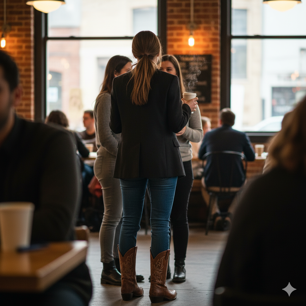 A woman, seen from behind, in talking in group of people in a cafe event.