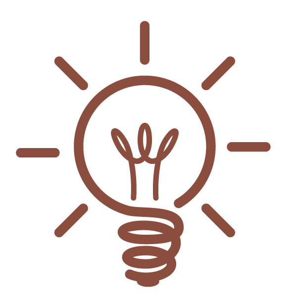 A simple brown line drawing of a light bulb with a plant growing inside, surrounded by rays indicating light.
