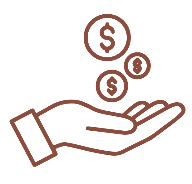 Outline drawing of a hand with coins falling into it, featuring dollar signs on the coins.