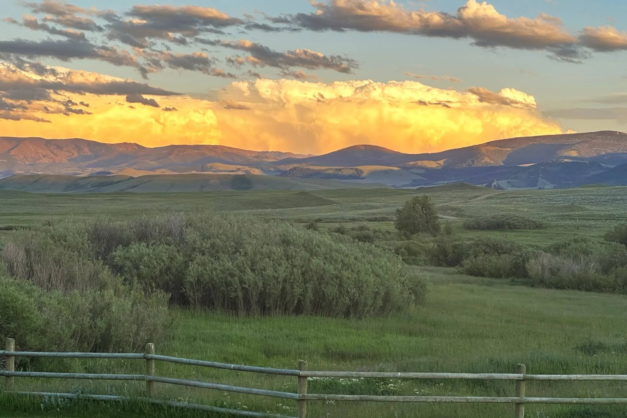 A lush green landscape with rolling hills, bushes, and trees under a colorful sunset sky with clouds and mountains in the distance.