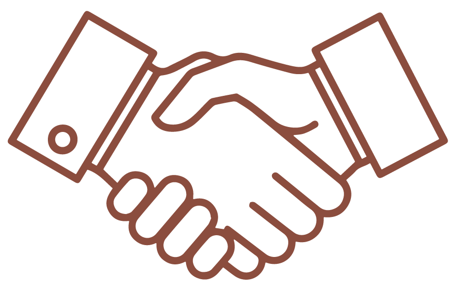 Line drawing of two hands shaking, representing a handshake.