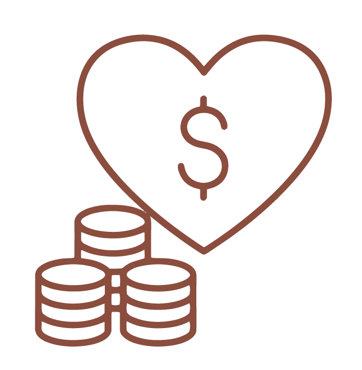 Line drawing of a heart with a dollar sign inside, and a stack of coins below.