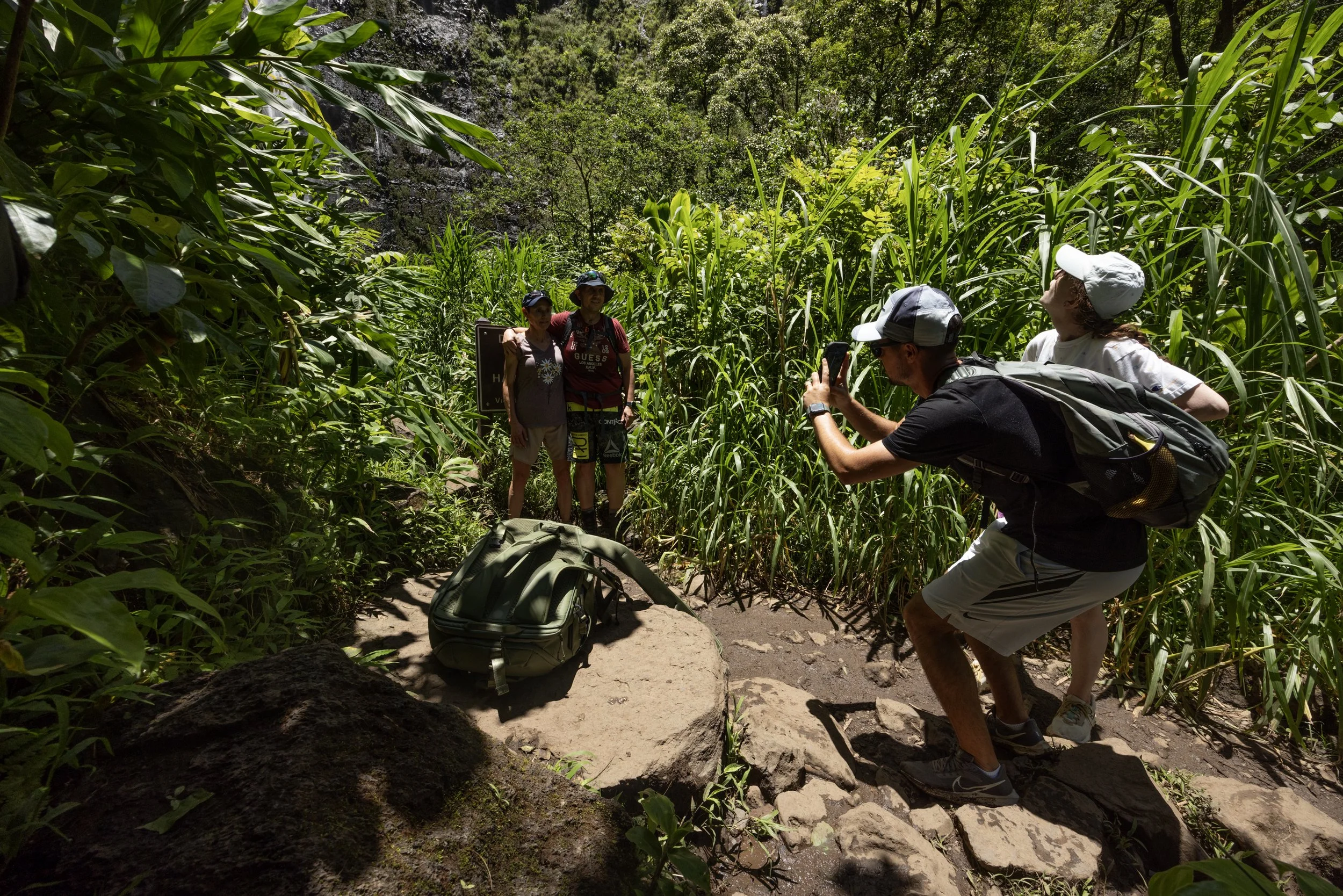 Hikers at waimoku falls, base of falls was closed, this was as close as people could get