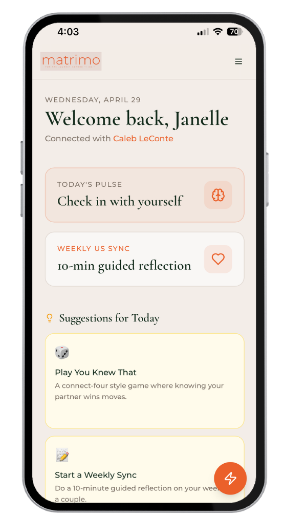 Mobile app interface showing a greeting, with options for self-check-in and a 10-minute guided reflection, along with suggestions for today, including a game and weekly sync for your marriage.