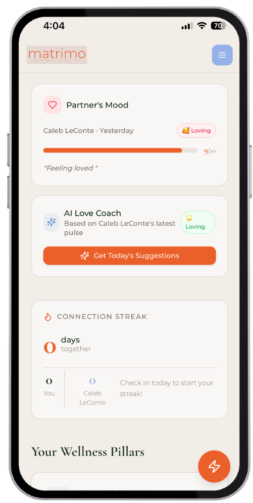 Mobile phone screen displaying a wellness app called 'Matrimo' with sections for Partner's Mood, AI Love Coach, Connection Streak, and Your Wellness Pillars.