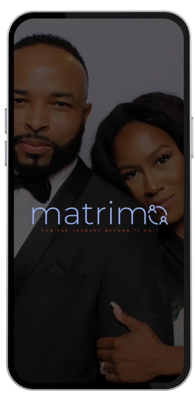 A smartphone screen displaying a photo of a couple dressed in formal attire, with the word "marriage" across the front, and the phrase "for the journey beyond I do" below.