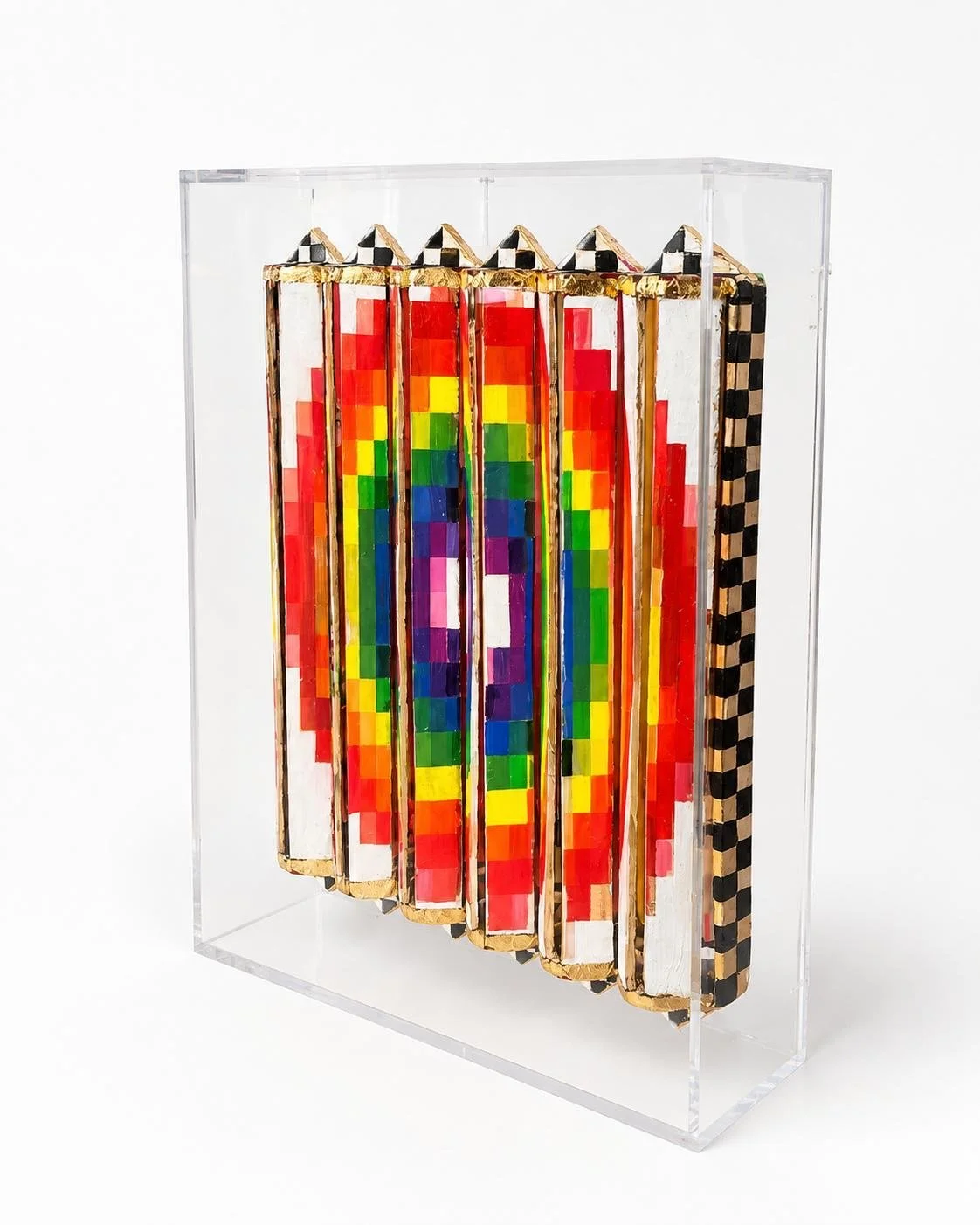 Joris Ghilini, Kinetic Sculpture 2, geometric kinetic sculpture with colorful concentric elements in a transparent structure