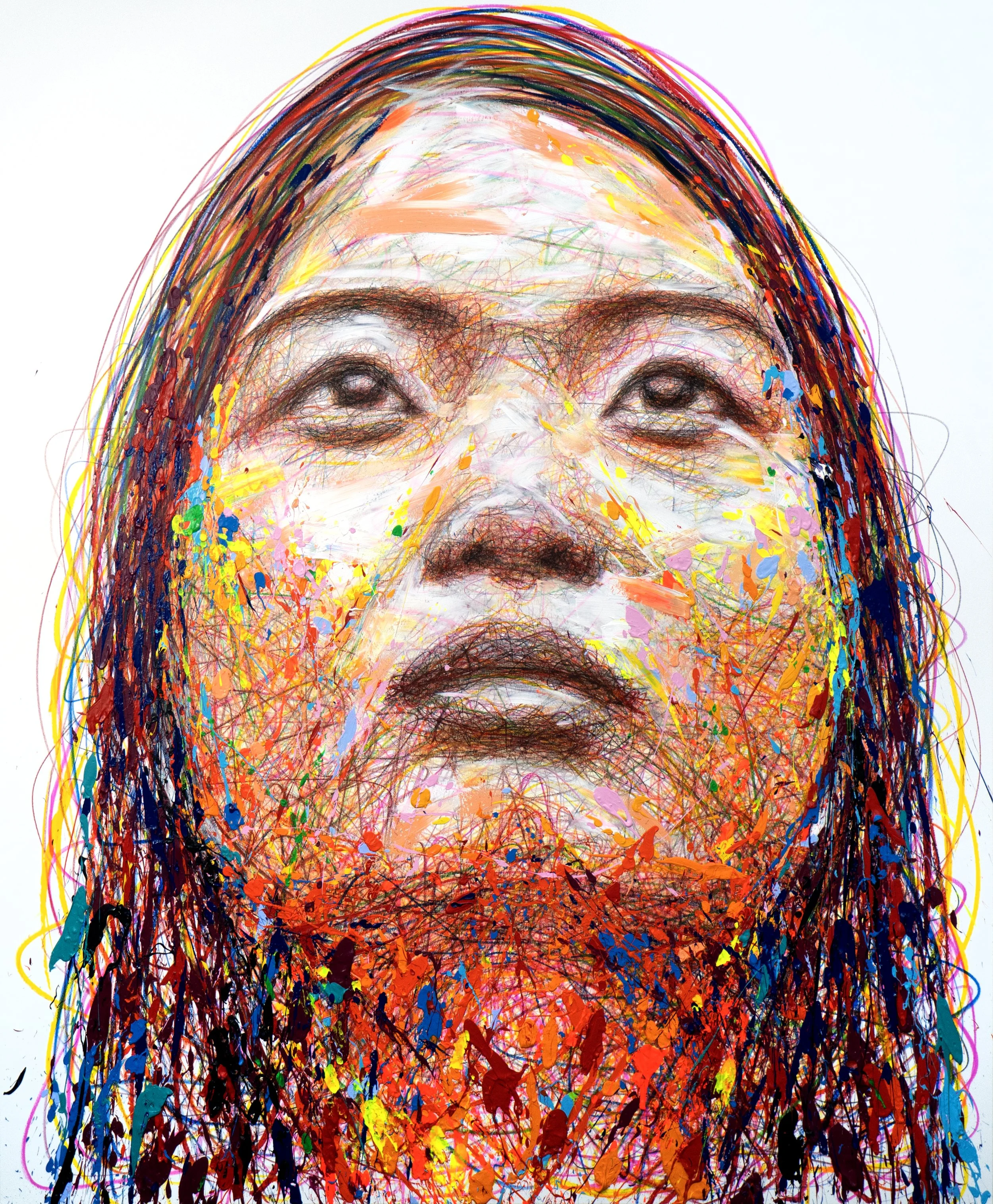 Hom Nguyen, Un Monde Meilleur, expressive colorful portrait of a woman looking upward