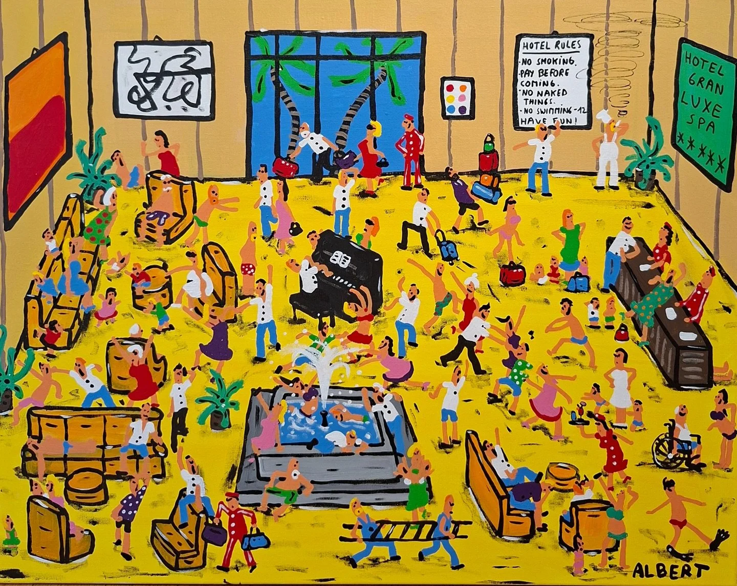 Albert WILLEM
&laquo;&nbsp;Mayhem in the hotel lobby&nbsp;&raquo;
Peinture originale sur toile 
80x100 cm
2025

#artcontemporain #hotel #painting #art #artgallery