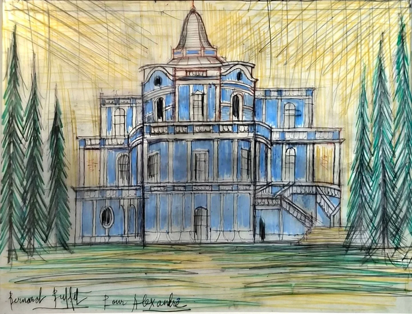 Bernard BUFFET
"Saint Petersbourg, le palais des glissades"
Dessin pr&eacute;paratoire aux crayons de couleurs sur papier calque, sign&eacute; en bas &agrave; gauche et d&eacute;dicac&eacute; "Pour Alexandre"
50 x 65 cm

Document 