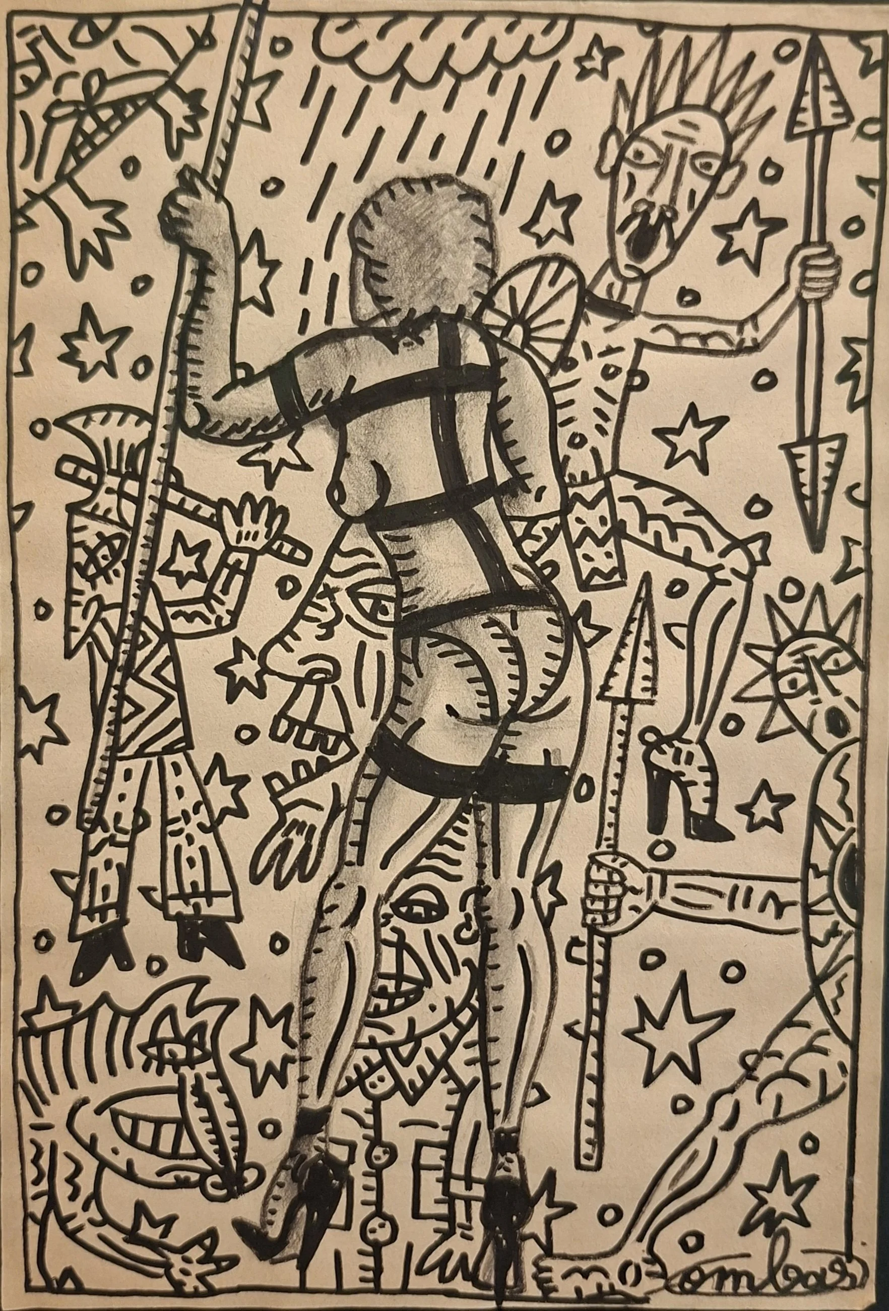 Robert Combas, Dessin n°1, black and white figurative drawing depicting a female figure surrounded by characters and stars