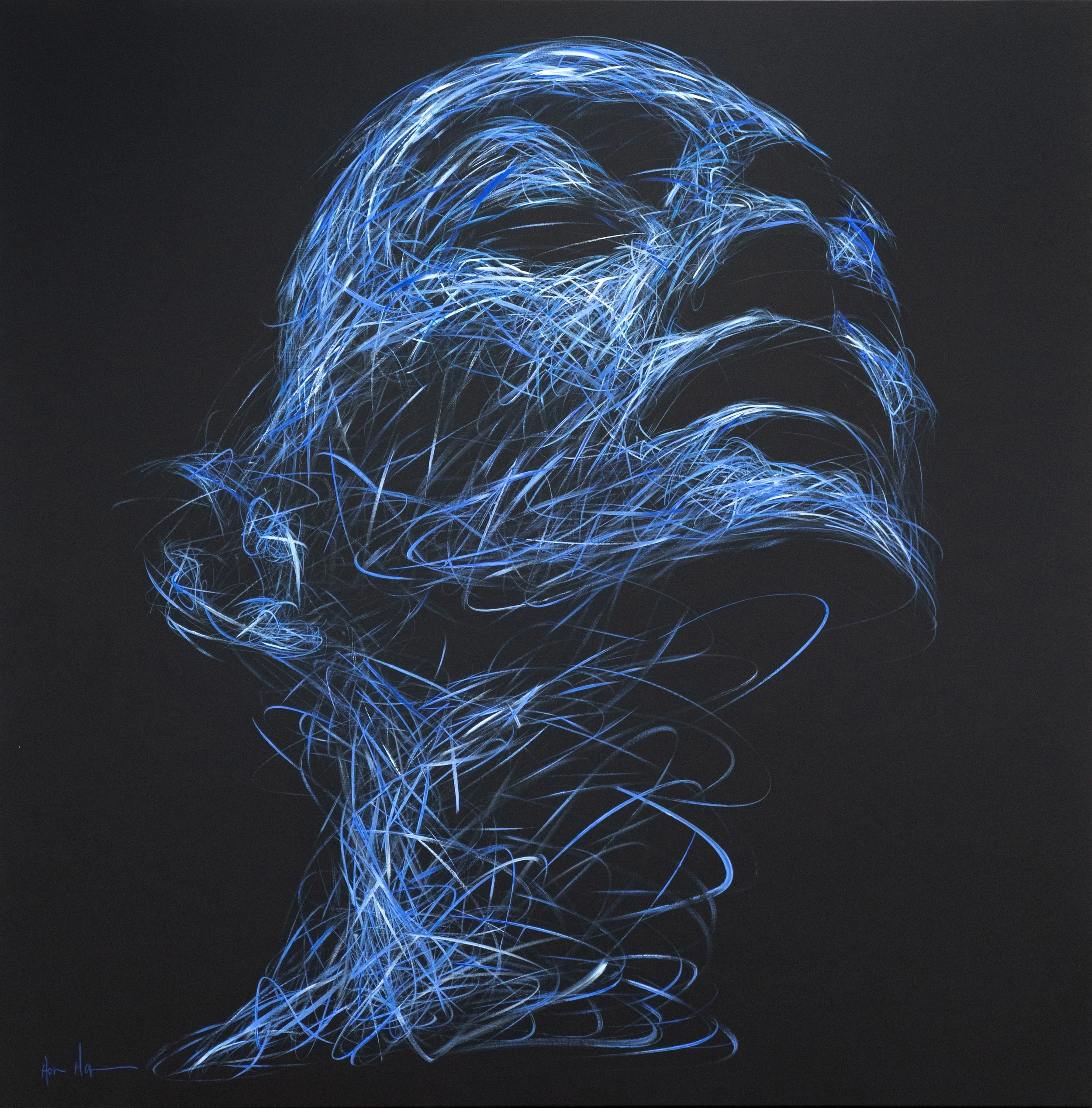 Hom Nguyen, Icare, expressive blue line portrait of a figure looking upward on a black background