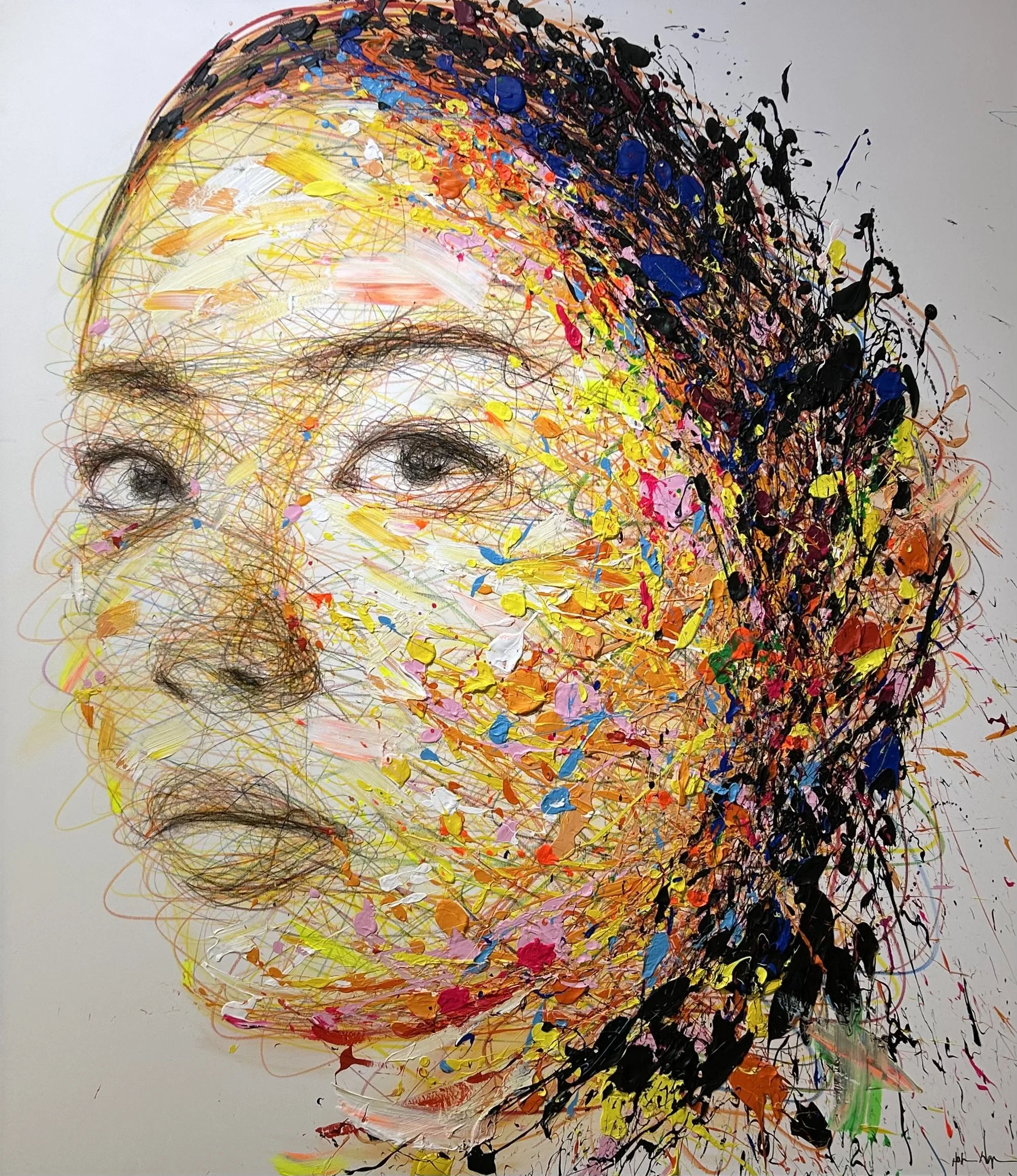 Hom Nguyen, Un Monde Meilleur, colorful expressive female portrait composed of layered lines and splashes of paint