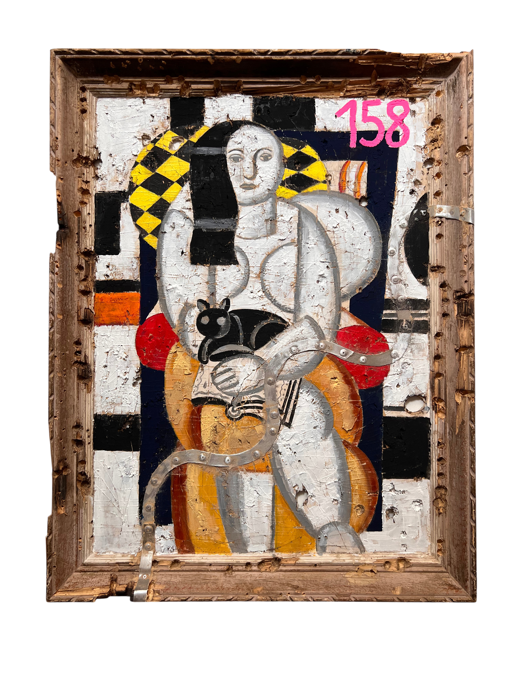 Joris Ghilini, La femme au chat 158, mixed-media artwork depicting a woman holding a cat in a sculptural frame