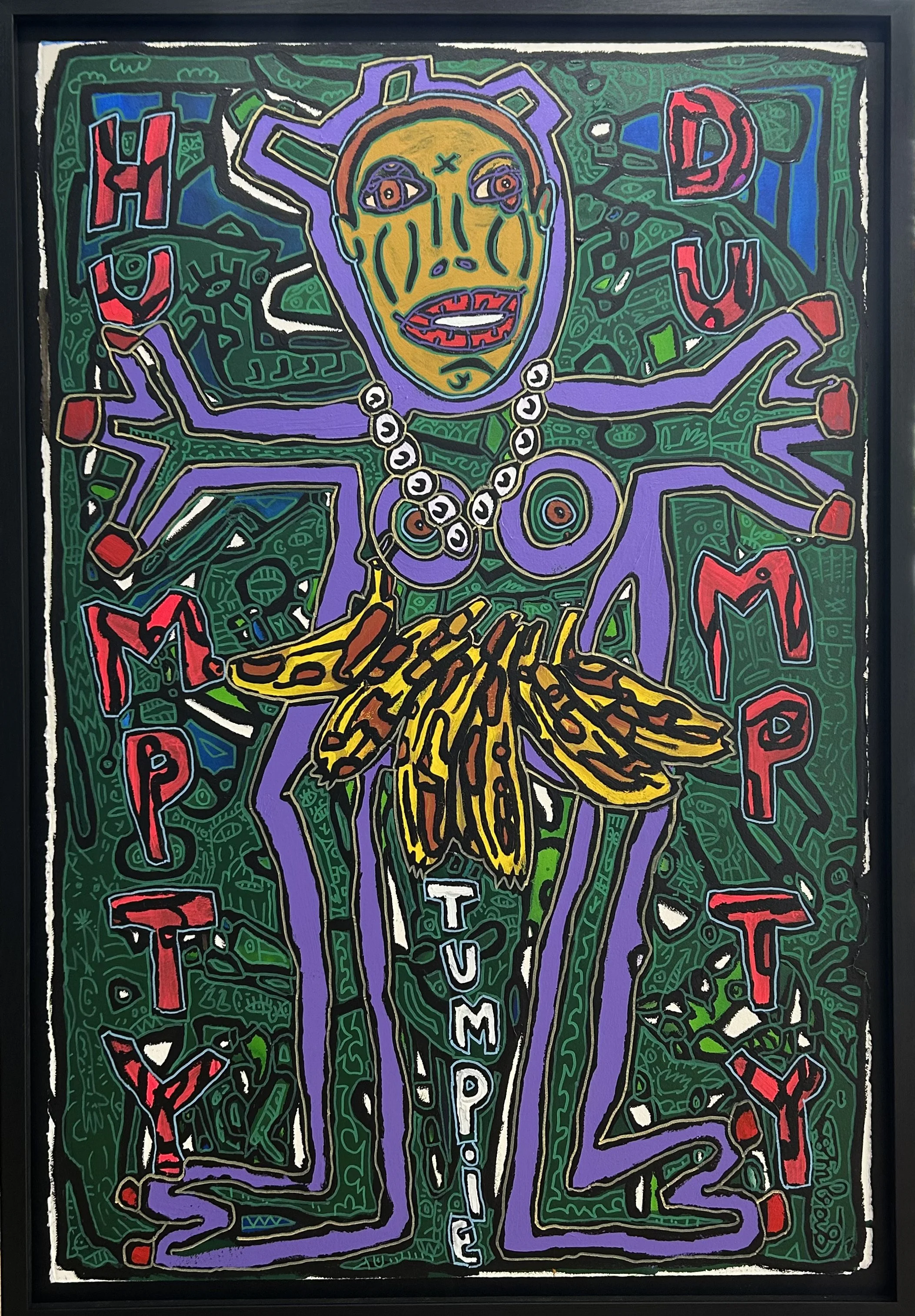 Robert Combas, Humpty Dumpty, colorful figurative artwork with a central character on a green background