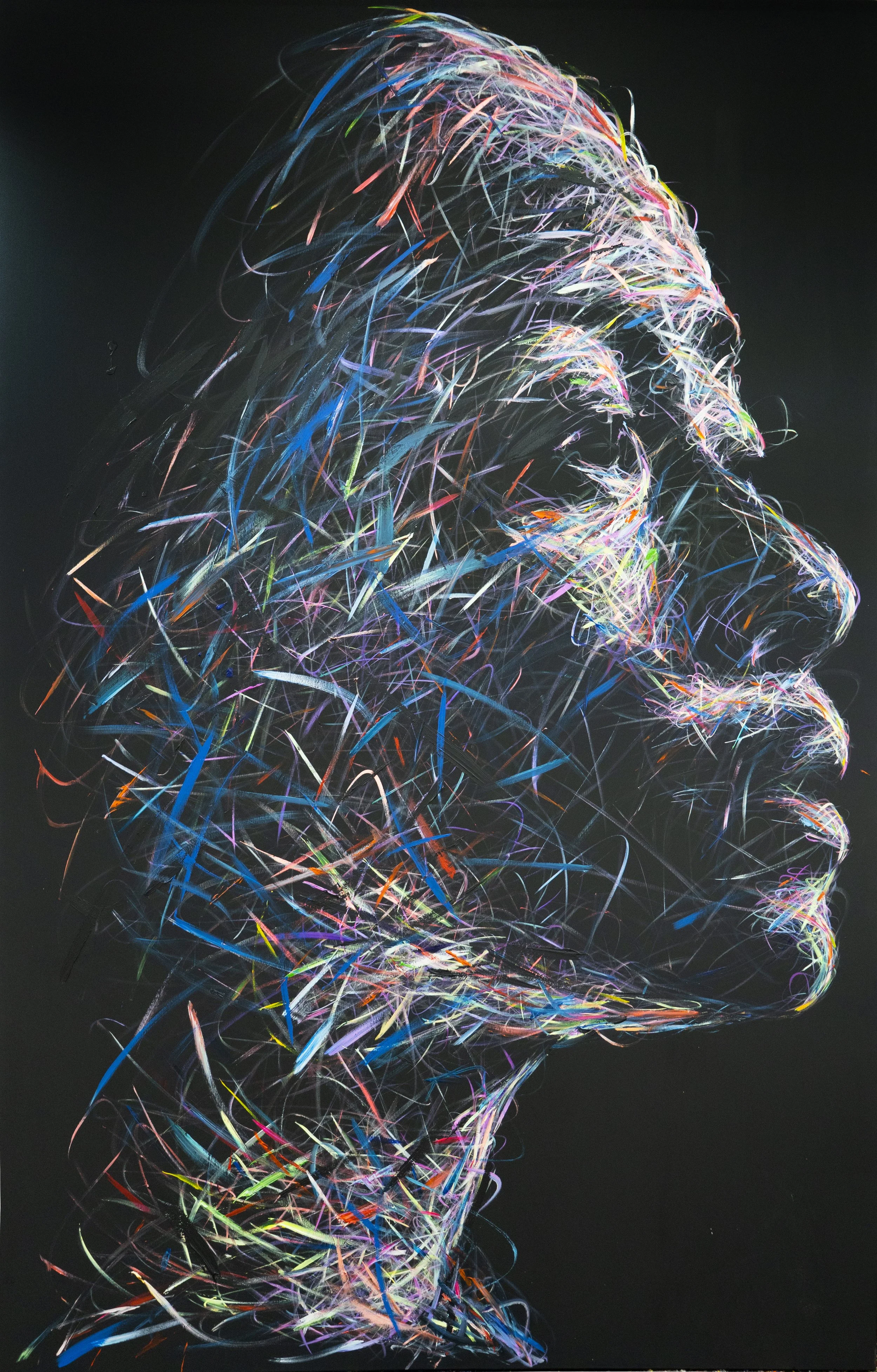Hom Nguyen, Icare coloré, colorful line portrait in profile on a black background
