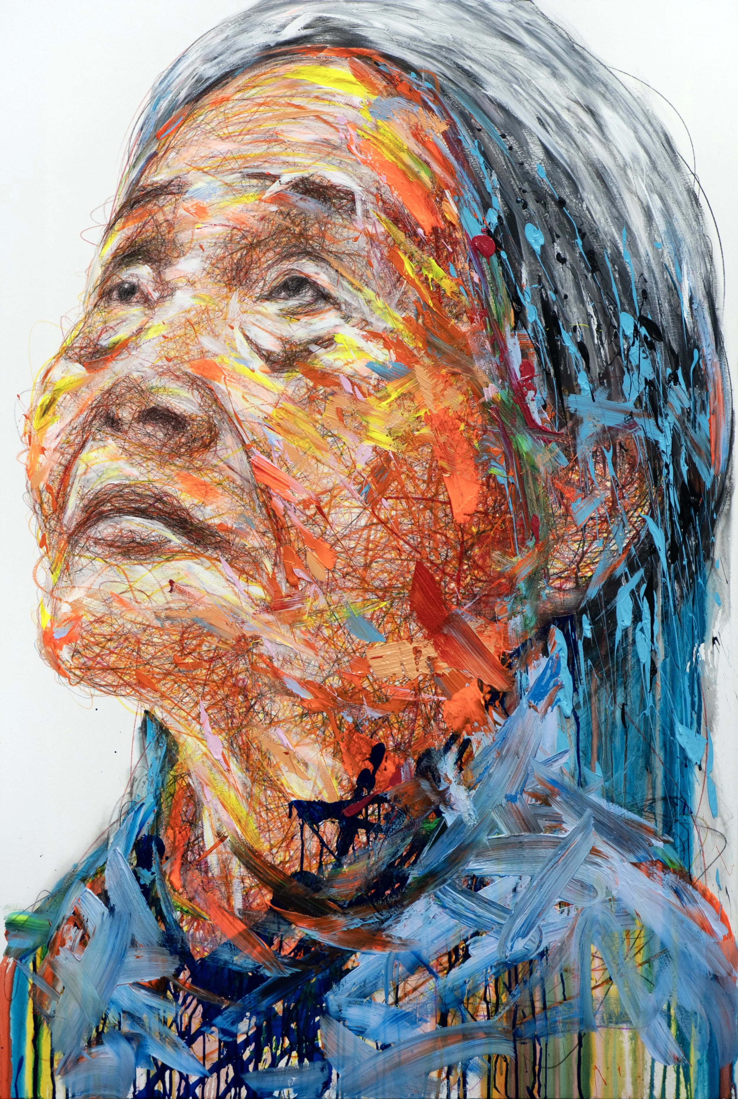 Hom Nguyen, Raconte moi grand mère, expressive colorful portrait of an elderly woman looking upward