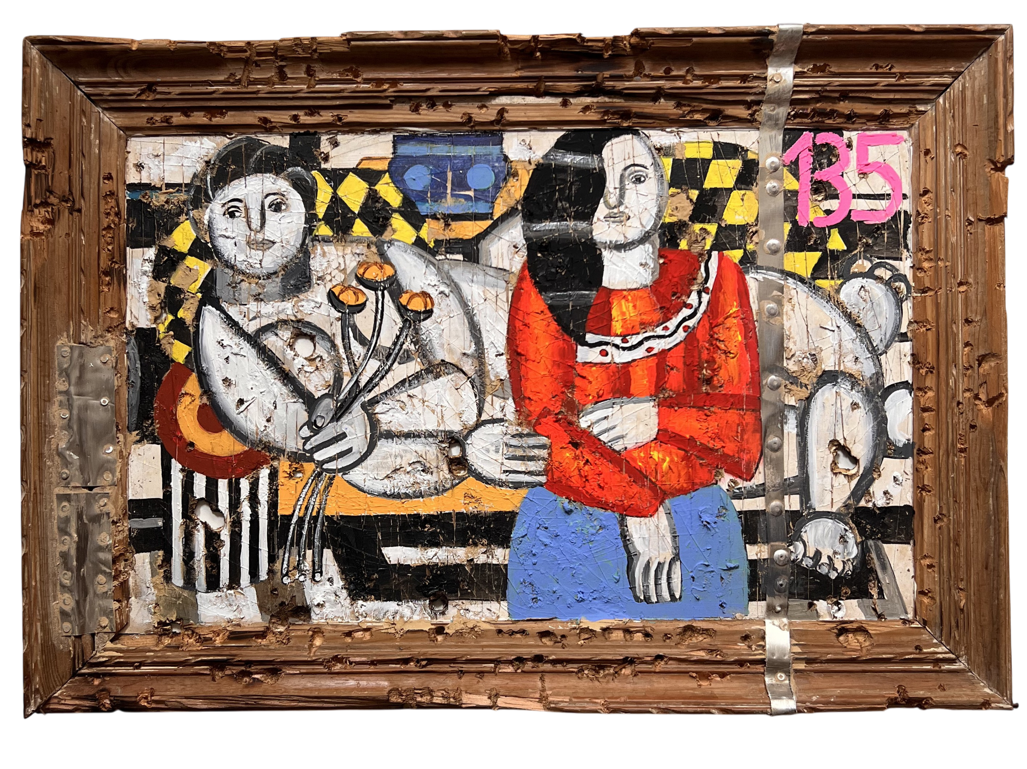 Joris Ghilini, Femme tenant des fleurs, mixed-media artwork depicting two figures and flowers in a sculptural frame