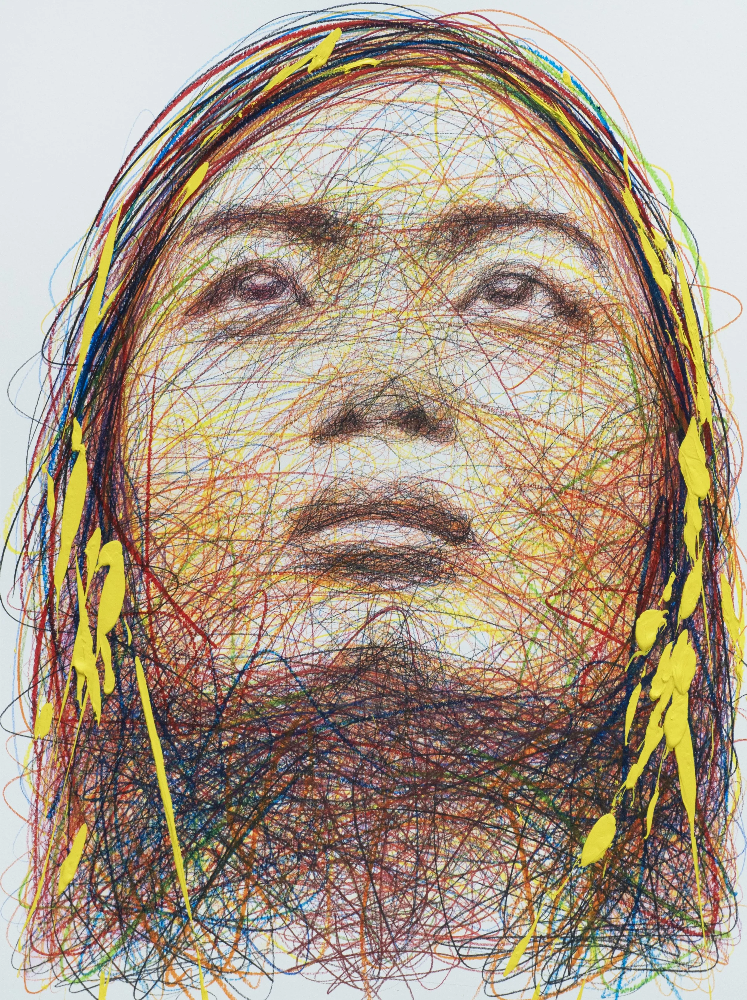 Hom Nguyen, Un Monde Meilleur, expressive female portrait composed of layered multicolored lines with yellow accents