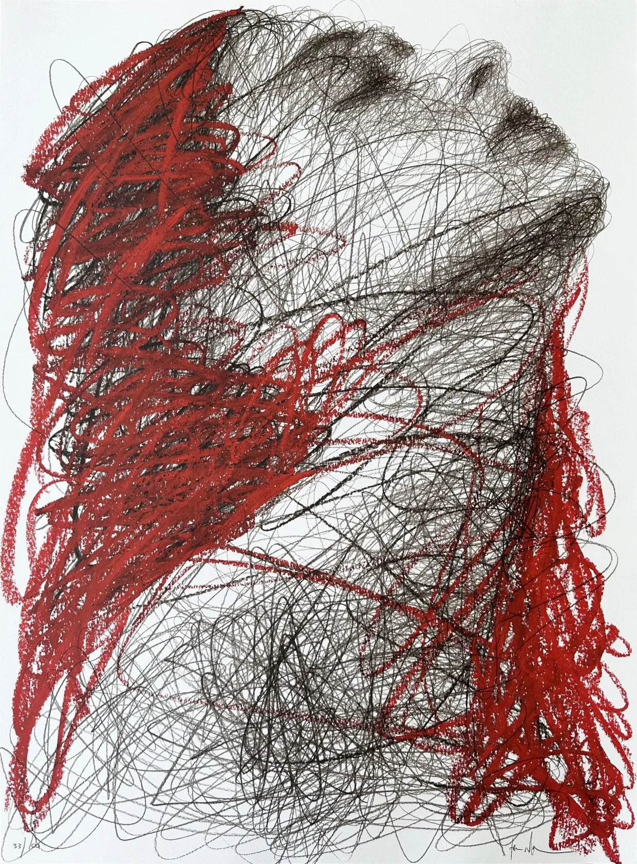 Hom Nguyen, Je t’aime, expressive female portrait composed of intertwined black and red lines