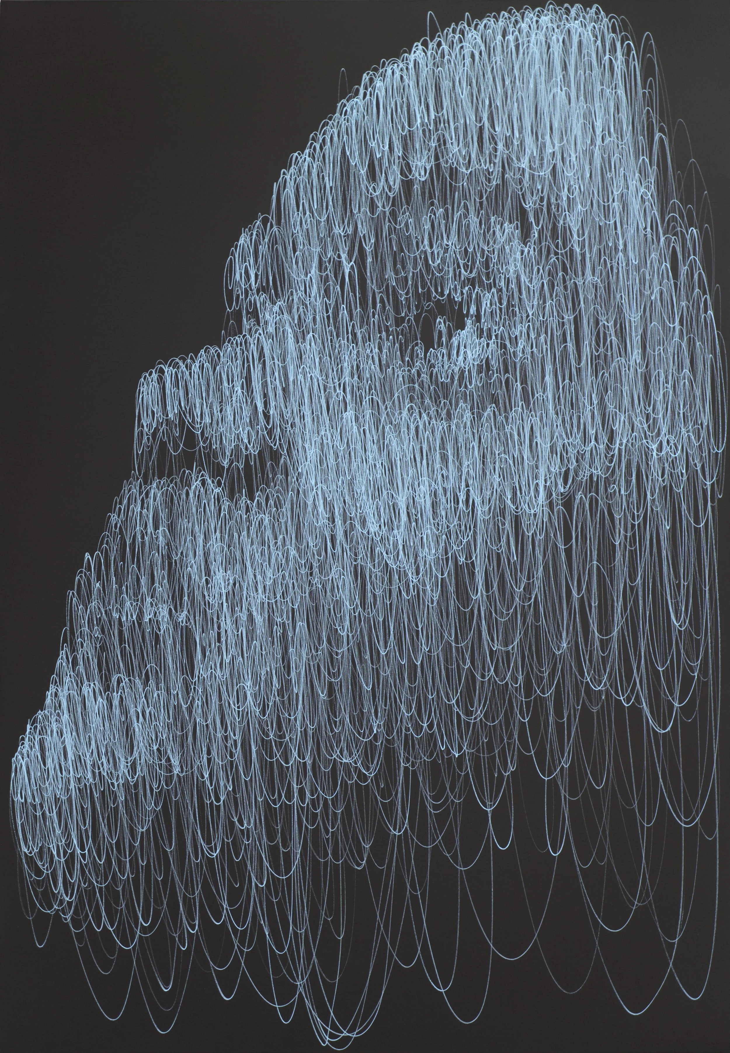 Hom Nguyen, Fil du Temps, abstract face formed by light blue continuous lines on a black background
