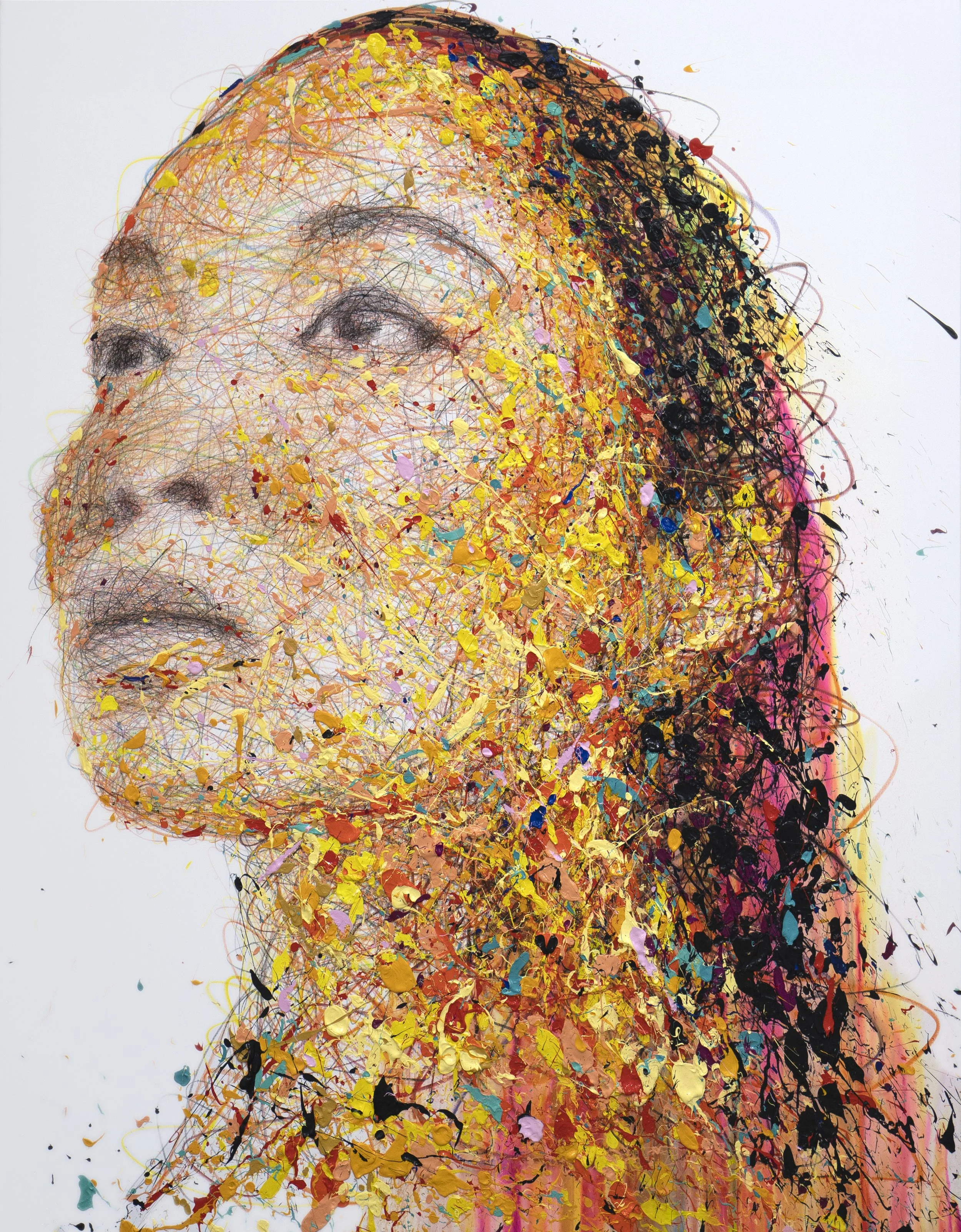Hom Nguyen, Un Monde Meilleur, female portrait looking upward, created with colorful layered lines and splashes of paint
