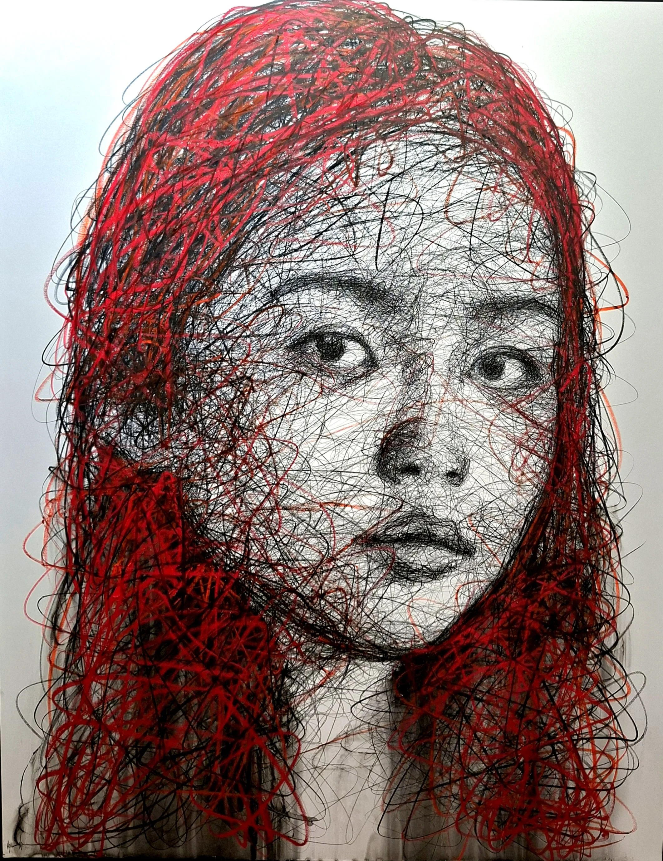 Hom Nguyen, Woman Red, female portrait composed of intertwined black and red lines