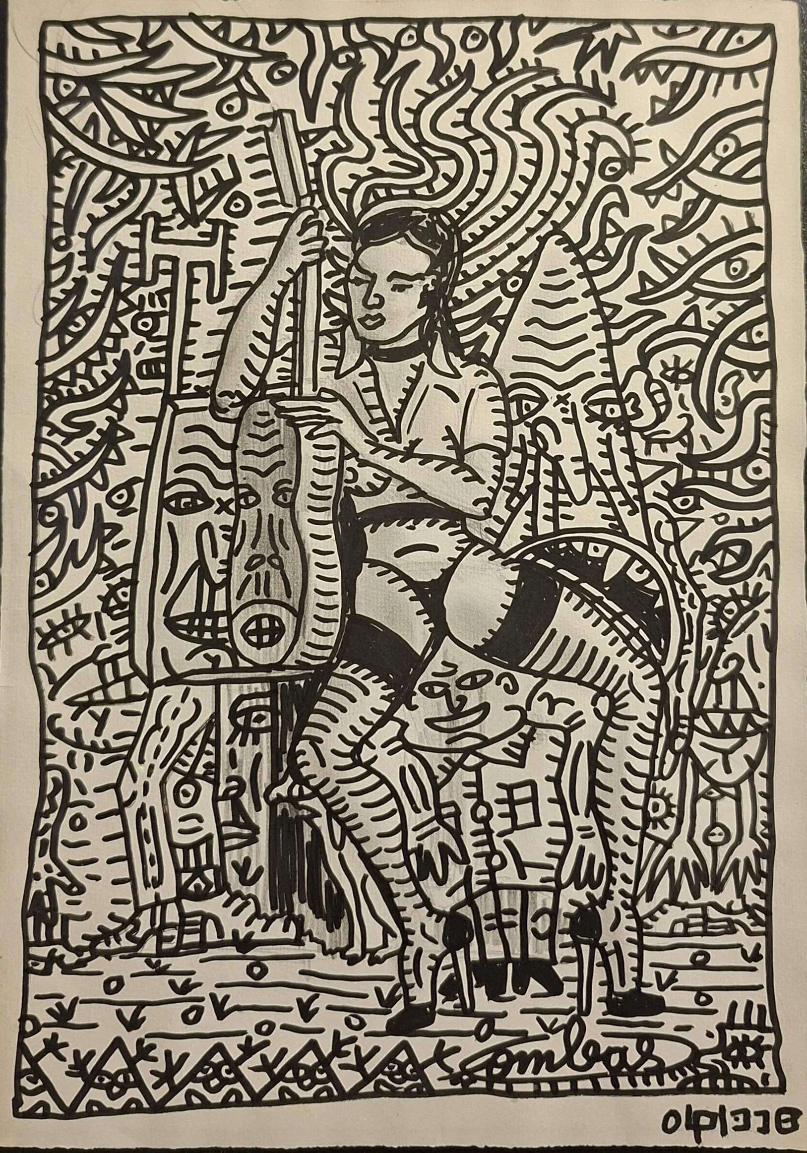Robert Combas, Dessin n°6, black and white figurative drawing with a seated female figure