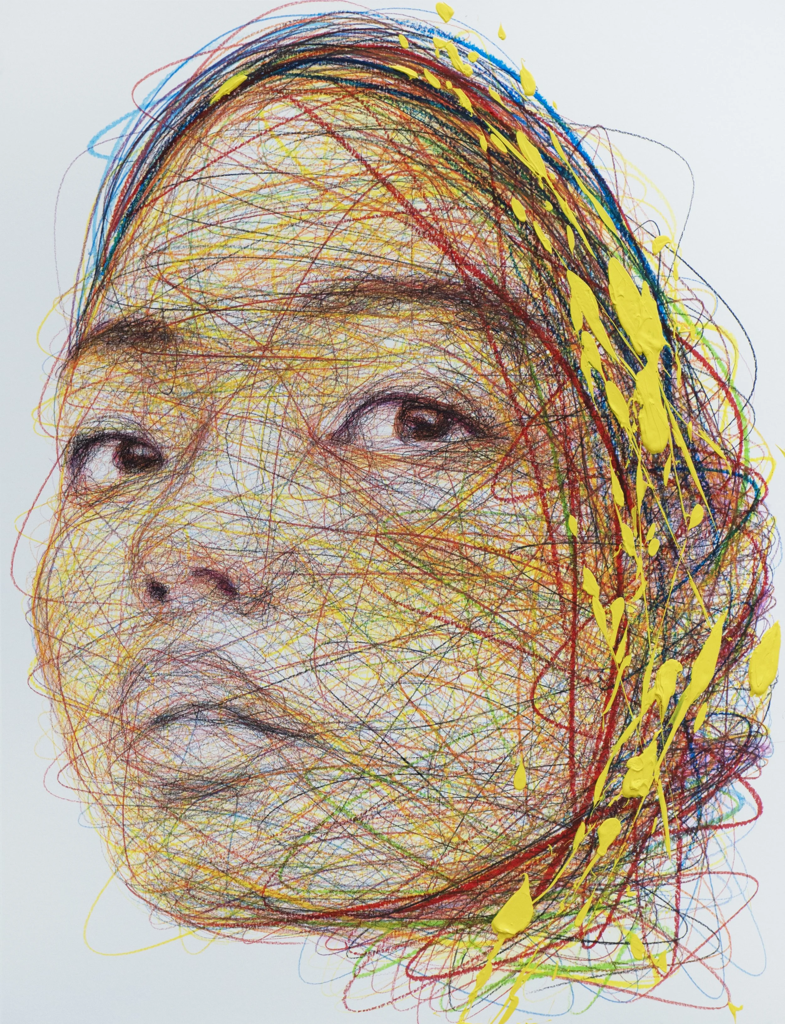 Hom Nguyen, Un Monde Meilleur, colorful female portrait composed of layered multicolored lines