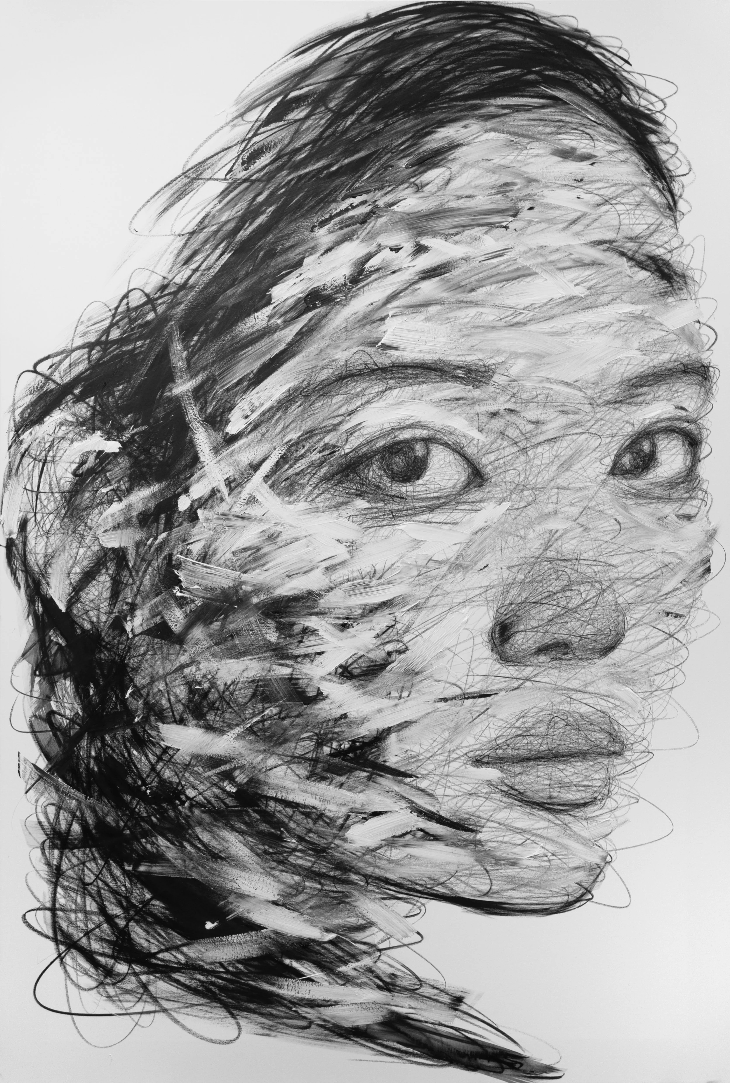 Hom Nguyen, Woman Black & White, expressive female portrait composed of layered black and grey lines