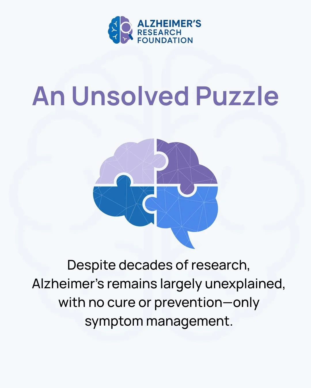 🧩 Alzheimer&rsquo;s remains one of science&rsquo;s greatest unsolved puzzles &mdash; but every study brings us closer to answers. 💜 Your support fuels the research that gives hope. Link in bio. #endalzheimers #Alzheimersresearch #BrainHealth #Alzhe