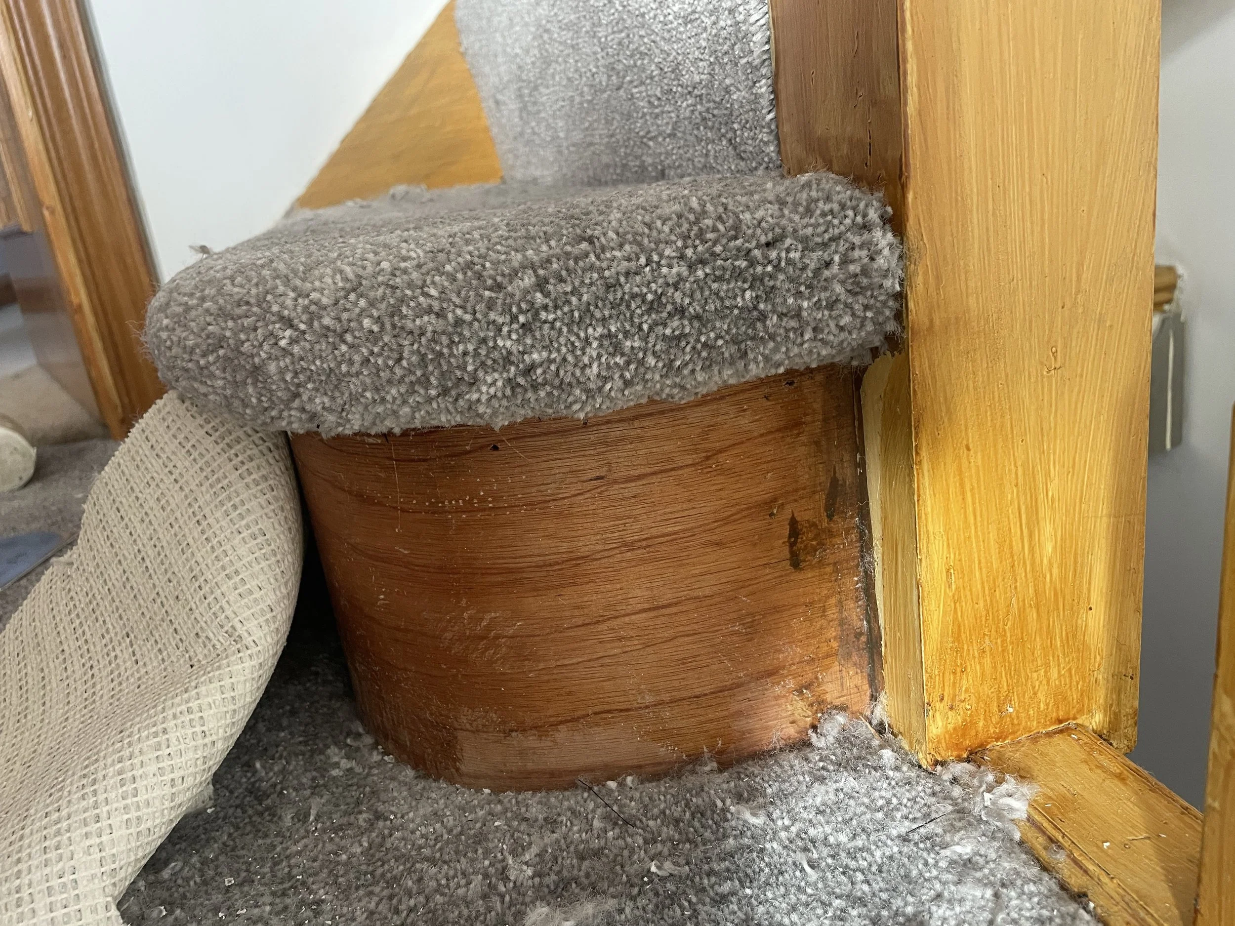 Close-up image of a corner on a wooden stair with a rounded scrape mark, with a gray carpeted cushion on top, and a part of a beige fabric item nearby.