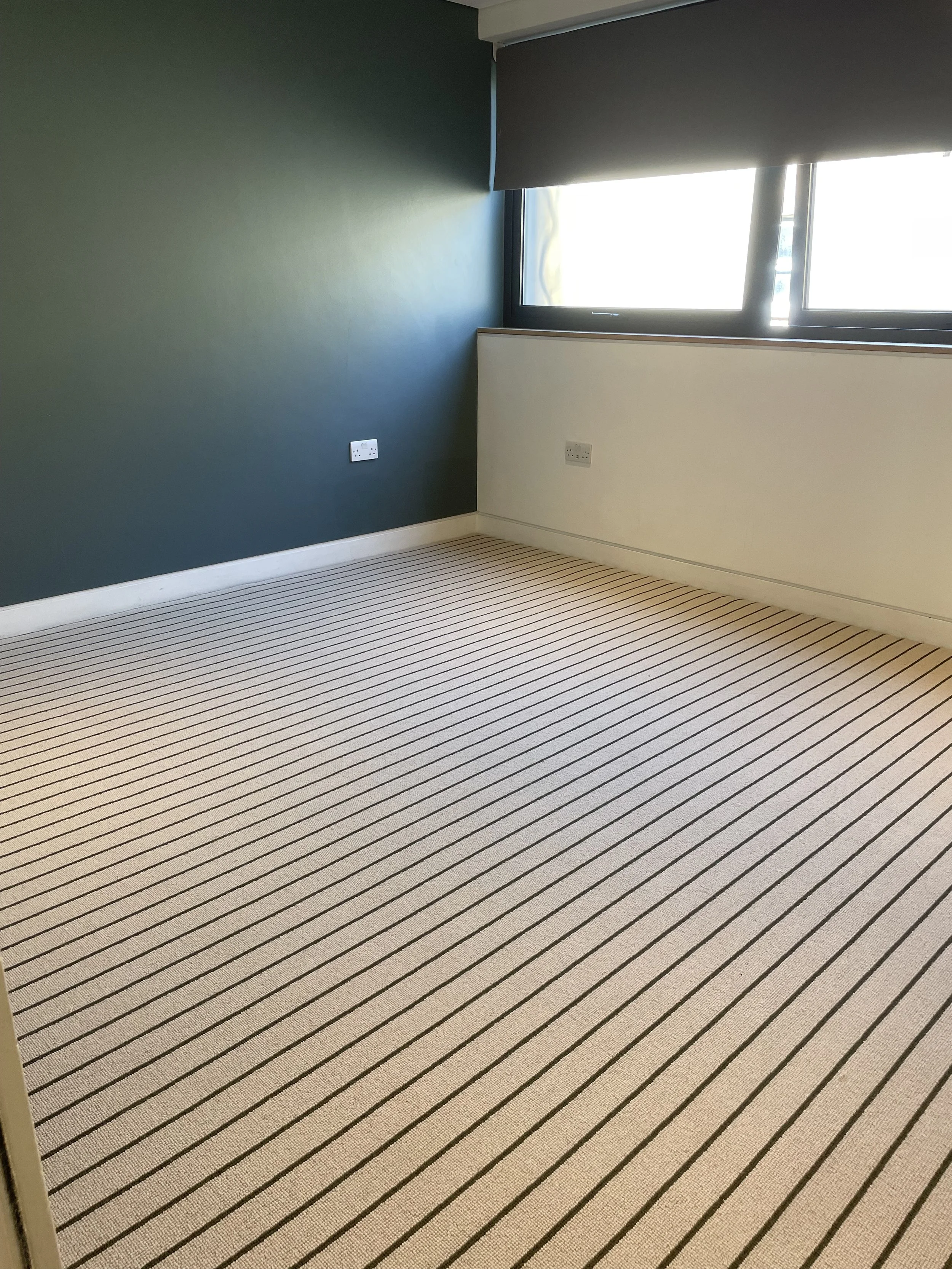 Empty room with a window, green and beige walls, striped carpet, and electrical outlets.