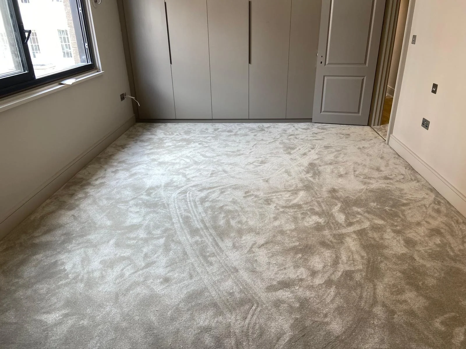 Empty room with beige carpet, beige walls, a large window to the left, and gray built-in closet doors on the far wall.
