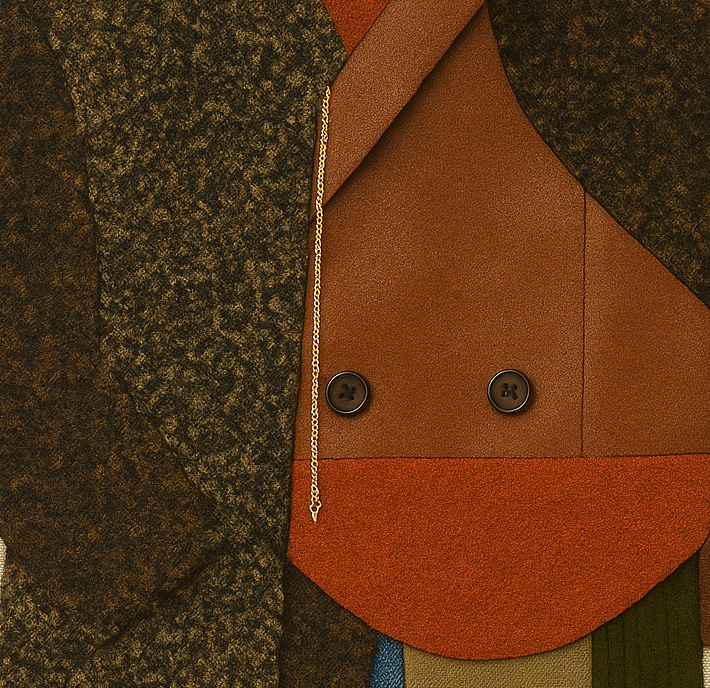 Close-up of a multi-colored, textured fabric coat with black buttons, and a decorative gold chain.