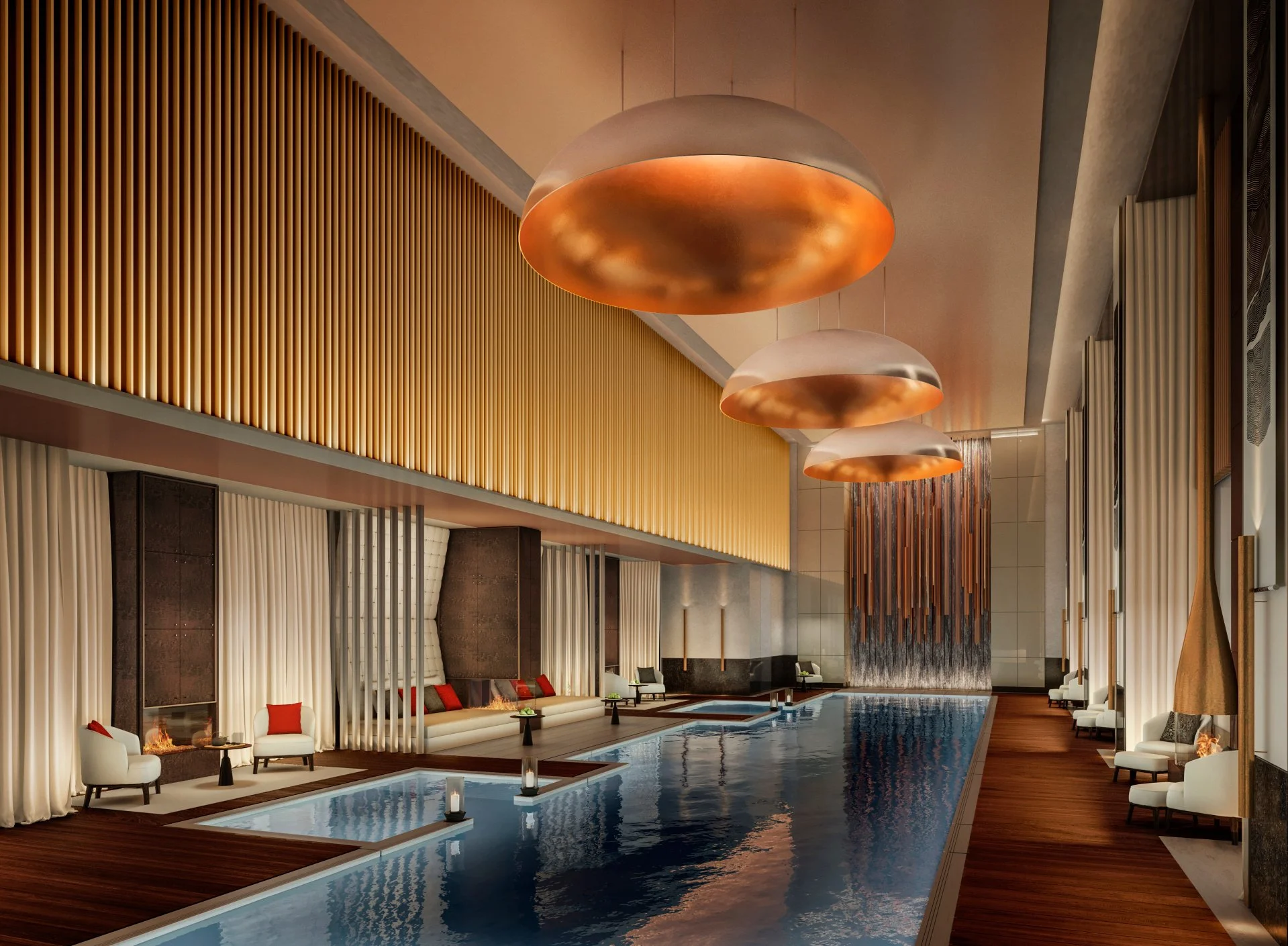 Luxus Spa mit Pool, weißen Sesseln, Holzpaneelen, großen roten und weißen Deckenleuchten, Wasserfall-Dekoration und eleganter Atmosphäre