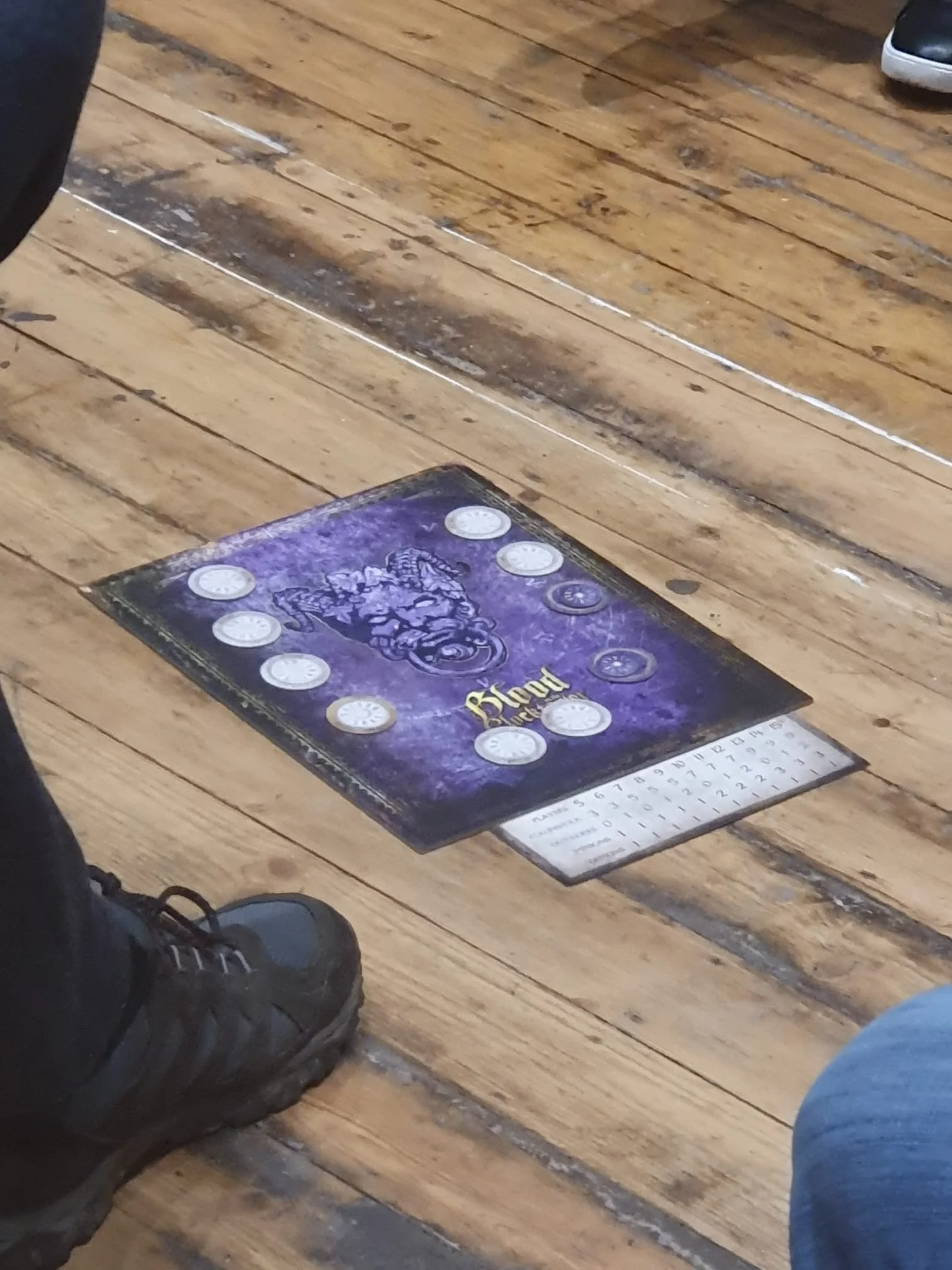 A board game called Blood on the Clocktower is on the wooden floor surrounded by people's legs and shoes.