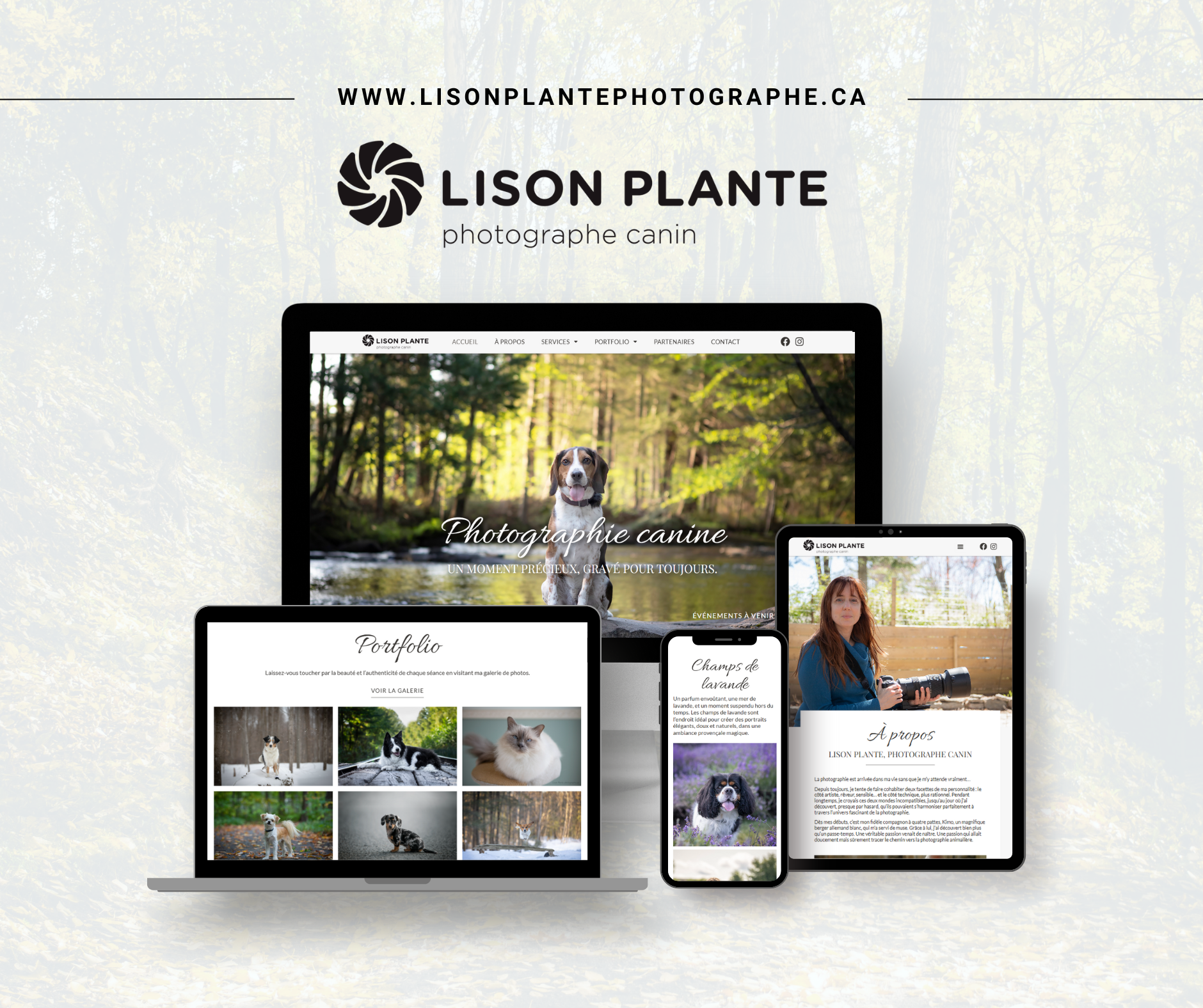 Page d'accueil d'un site web de photographie canine avec images de chiens sur différents appareils : ordinateur portable, tablette, portable, affichant des photos de chiens et des descriptions en français.