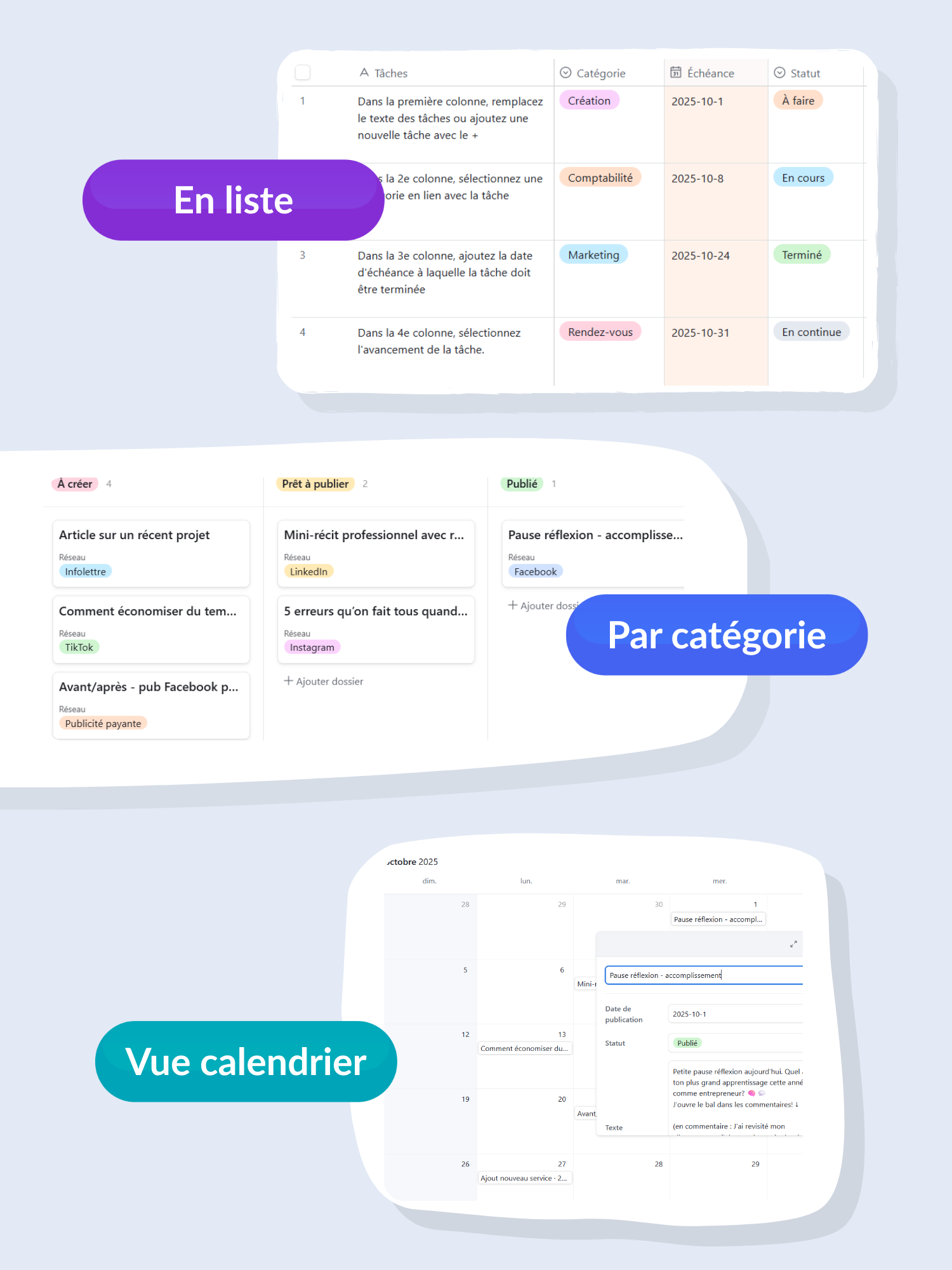 Capture d'écran montrant une application de gestion de tâches avec différentes listes, catégories et un calendrier. La légende indique 'En liste', 'Par catégorie' et 'Vue calendrier'.