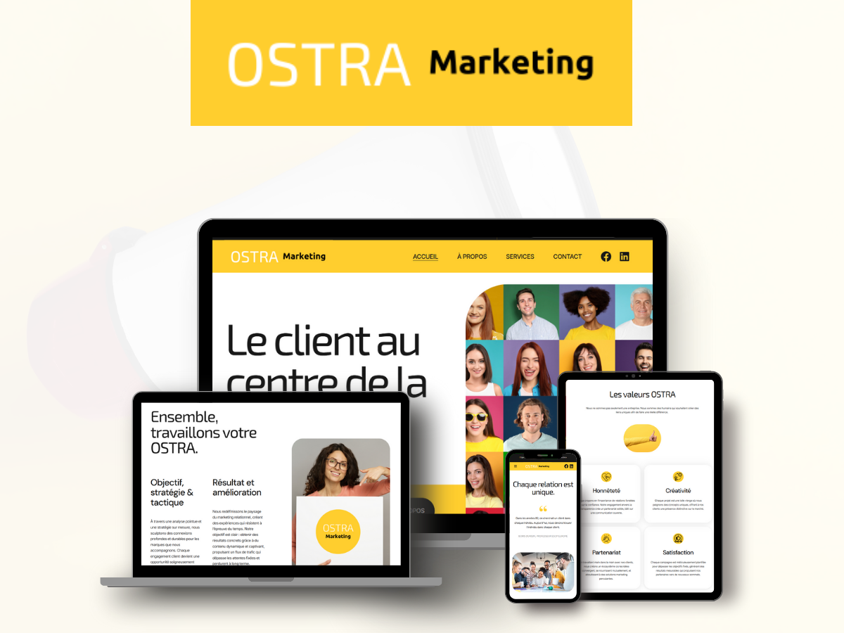 Page d accueil d un site de marketing OSTRA avec différents appareils affichant des pages avec texte en français et des images de personnes.